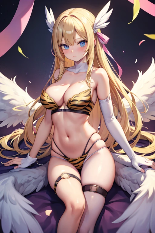 blonde hair, a tiger pattern bra, a tiger pattern lingerie, a tiger pattern underwear, long hair, blue eyes, angel wings,large breasts, bare shoulders, elbow gloves, feathered wings, gloves, head wings, navel, pink ribbon, ribbon, single elbow glove, single glove, thigh strap, wings
