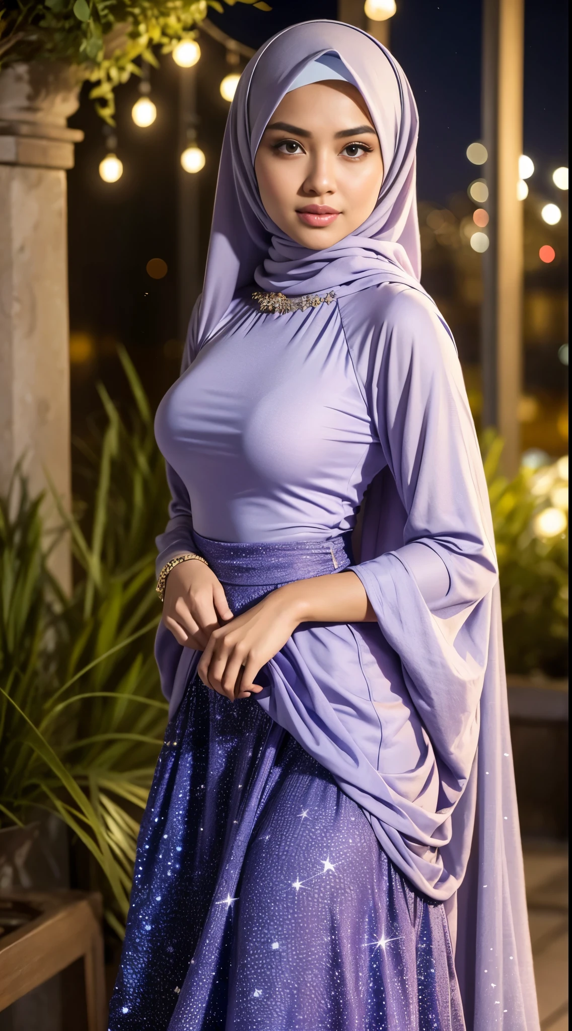 ( Close Up),RAW, Best quality, high resolution, masterpiece: 1.3), beautiful Malay woman in hijab, Masterpiece, perfect fit body, big breasts, beautiful big eyes, Soft smile, beautiful face, thick thighs, woman in purple long skirt and white top with stars on it, with stars, dreamy style, layered long skirt, simple flowing dress, extraordinary style, very beautiful style, stars and moon theme, women's long dress, looks like an angel, beautiful stars, this is Beautiful, beautiful clothes, wearing a dress made of stars,(Delicate turtleneck) , shairband, afternoon walk, City garden, Excellent lighting, Bright colors, Clean lines,