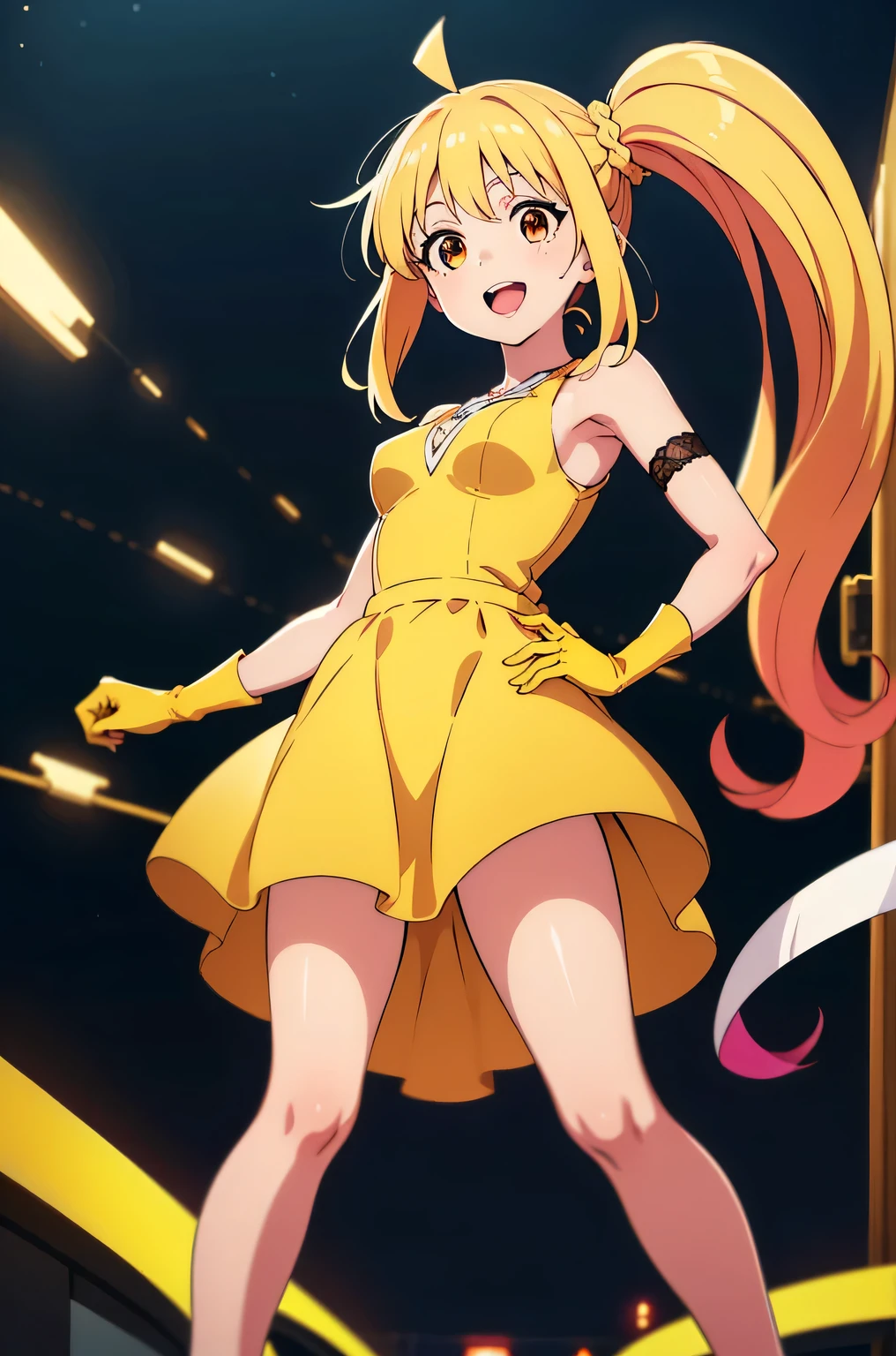 ijichi nijika, side ponytail, ahoge, yellow hair, brown eyes, (best quality), (high quality), {masterpiece}, perfect hands, extremely delicate and beautiful, ultra-detailed, beautiful detailed eyes, yellow dress, sleeveless dress, white elbow gloves, thighs, jewelry, party, night, pink lips, smile, open mouth, standing