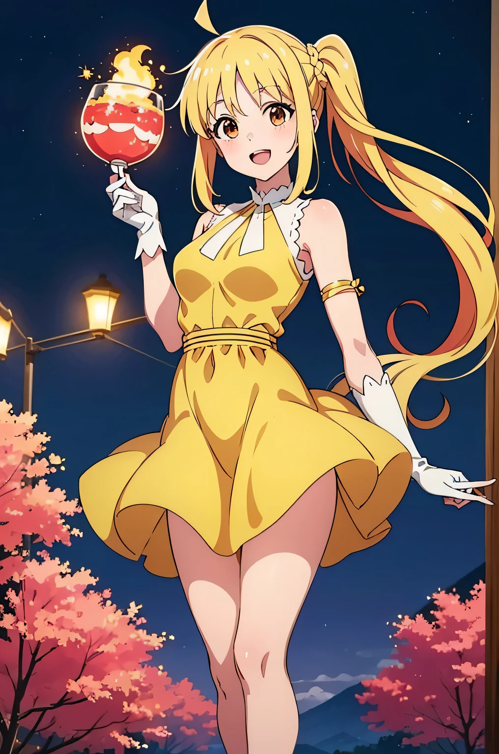 ijichi nijika, side ponytail, ahoge, yellow hair, brown eyes, (best quality), (high quality), {masterpiece}, perfect hands, extremely delicate and beautiful, ultra-detailed, beautiful detailed eyes, yellow dress, sleeveless dress, white elbow gloves, thighs, jewelry, party, night, pink lips, smile, open mouth, standing