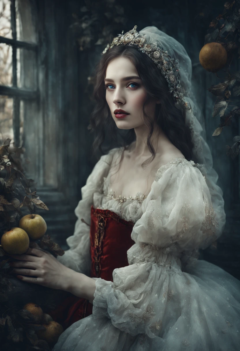 a beautiful mesmerising princess snow white with eyes full of stories and a face untouched by time. behind them, the eyes, like windows to the soul, reveal a multitude of emotions and experiences in the style of bella kotak, caravaggism, andrei markin, vibrant stunning colors, digital art, maria kreyn, snow scenes, detailed portraits