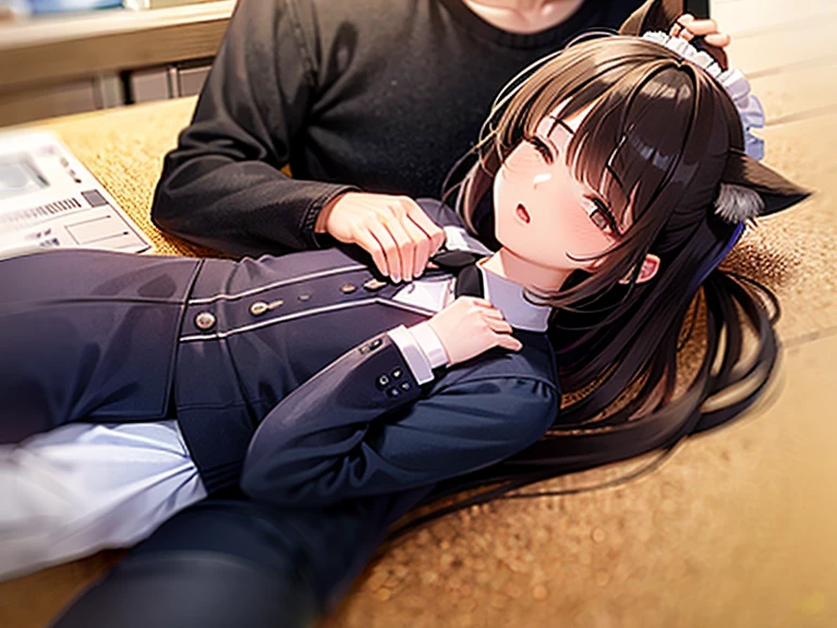 1boy and 1girl are best friends, They look about 20 years old, they are sitting in the library. The guy has short black hair and is wearing a school uniform., and the girl has long brown hair and gray eyes, dressed in a maid uniform and with cat ears. The guy fell asleep at the table with his eyes closed, and the girl tries to wake her up