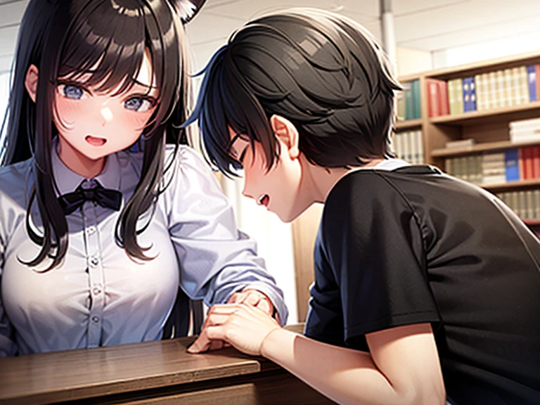 1boy and 1girl are best friends, They look about 20 years old, they are sitting in the library. The guy has short black hair and is wearing a school uniform., and the girl has long brown hair and gray eyes, dressed in a maid uniform and with cat ears. The guy fell asleep at the table with his eyes closed, and the girl tries to wake her up