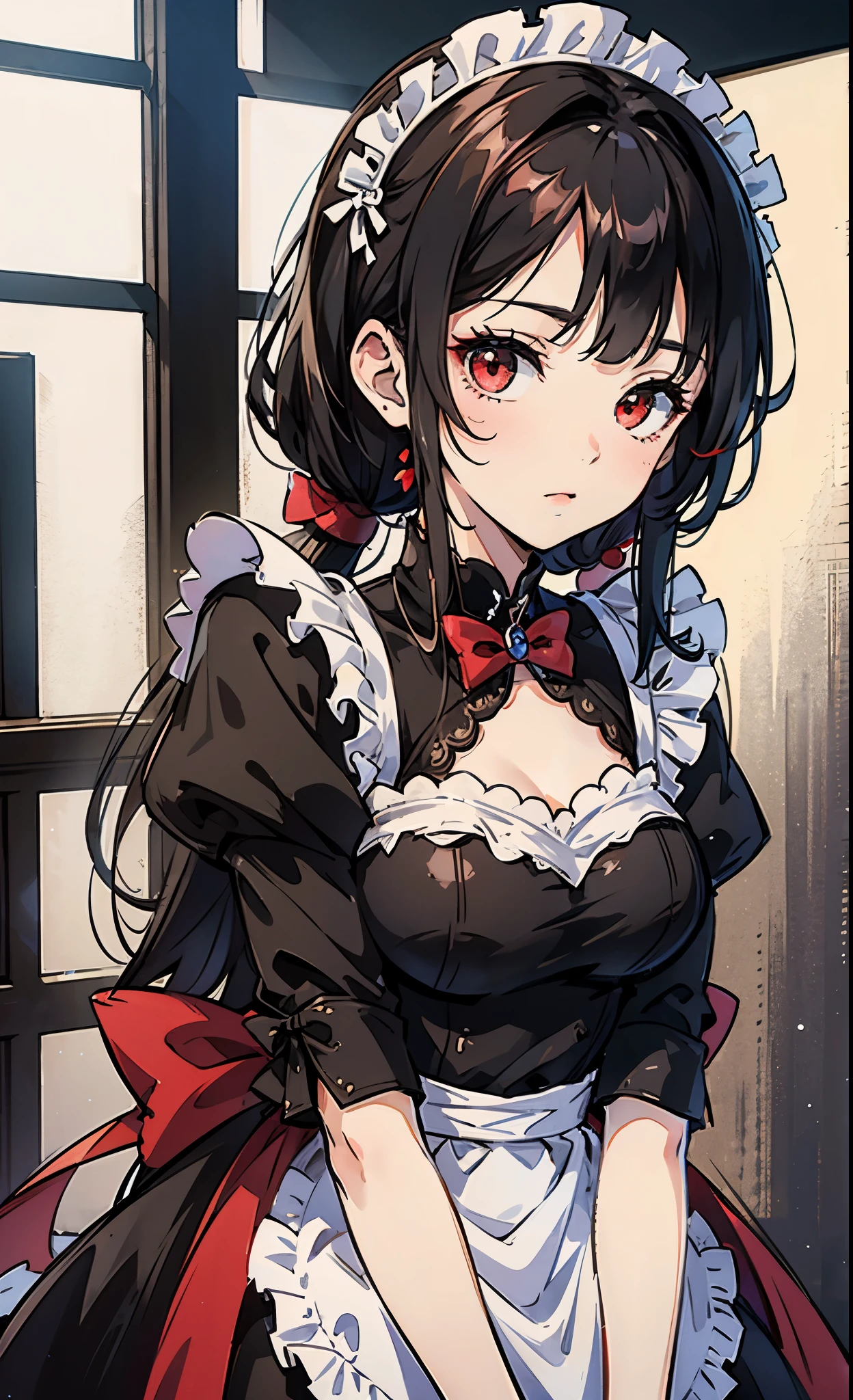 Anime woman with black hair, red highlights, red eyes, wearing a maid outfit, cafe background. --auto --s2