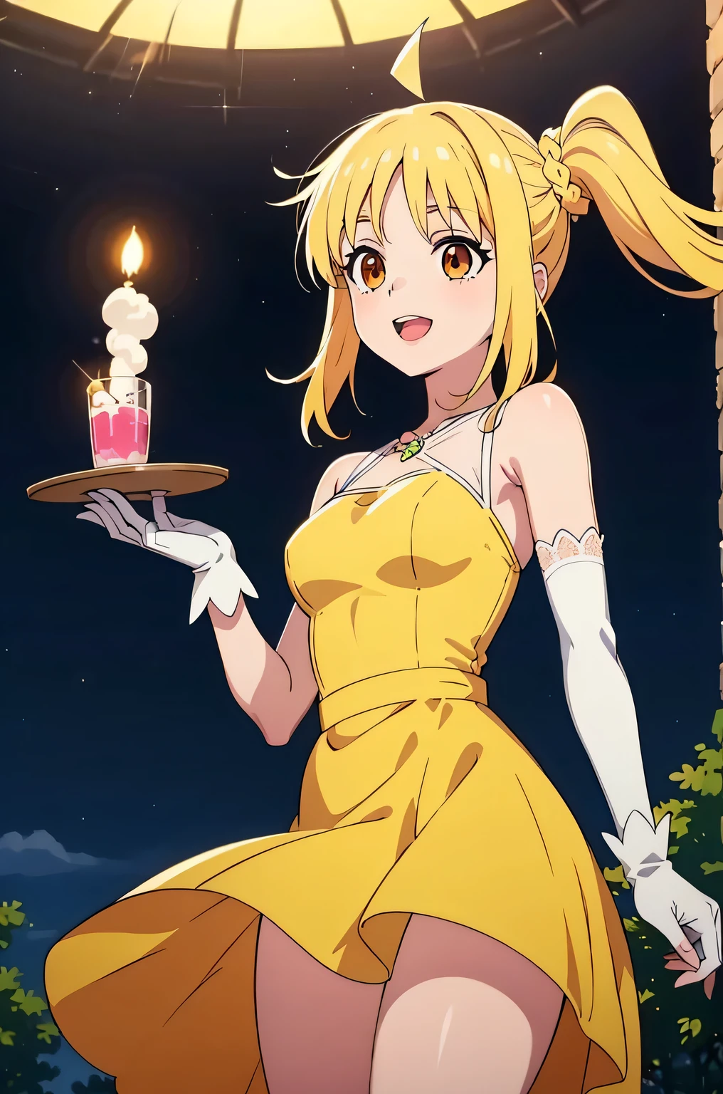 ijichi nijika, side ponytail, ahoge, yellow hair, brown eyes, (best quality), (high quality), {masterpiece}, perfect hands, extremely delicate and beautiful, ultra-detailed, beautiful detailed eyes, yellow dress, sleeveless dress, white elbow gloves, thighs, jewelry, party, night, pink lips, smile, open mouth, standing