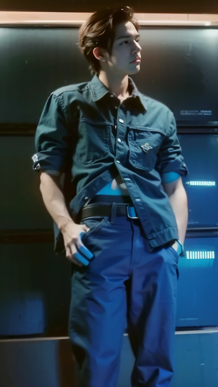 Boy standing and shows his belly button