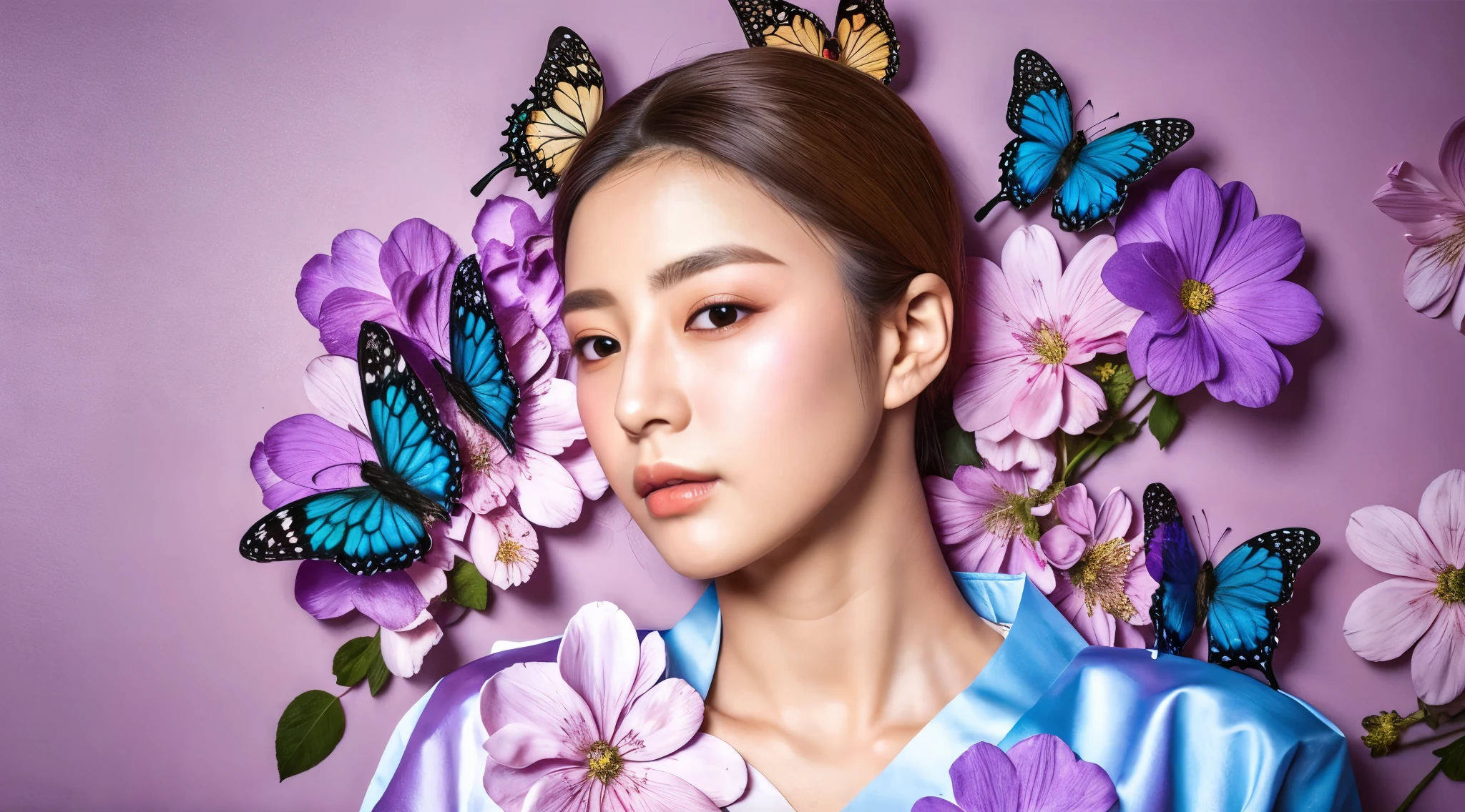 There was a woman，Flowers and butterflies hanging around the neck, Her face is a purple flower, beauty campaign, jingna zhang, jiyun chae, to emphasize, jinyoung shin, gongbi, inspired by Jeong Seon, choi, from me, Inherit the flowers on the cheeks of the human face, beautiful aesthetic face, Yin Shishan, Kim Tae-joon