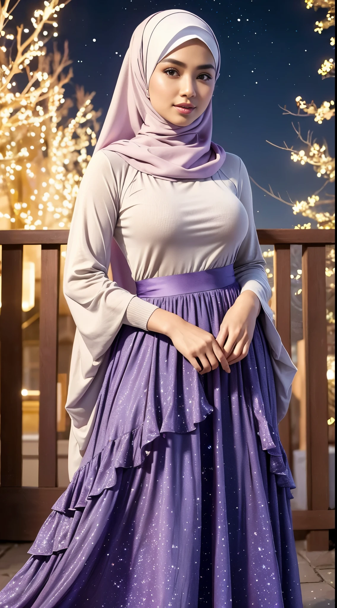( Close Up),RAW, Best quality, high resolution, masterpiece: 1.3), beautiful Malay woman in hijab, Masterpiece, perfect fit body, big breasts, beautiful big eyes, Soft smile, beautiful face, thick thighs, woman in purple long skirt and white top with stars on it, with stars, dreamy style, layered long skirt, simple flowing dress, extraordinary style, very beautiful style, stars and moon theme, women's long dress, looks like an angel, beautiful stars, this is Beautiful, beautiful clothes, wearing a dress made of stars,(Delicate turtleneck) , shairband, afternoon walk, City garden, Excellent lighting, Bright colors, Clean lines,