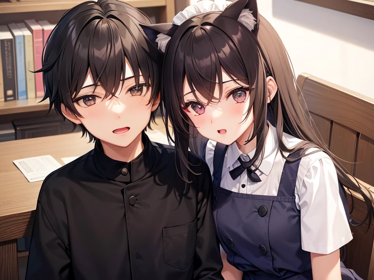 1 boy and 1 girl are best friends, They look about 20 years old, they are sitting in the library. The guy has short black hair and is wearing a school uniform..., and the girl has long brown hair and gray eyes, dressed in a maid uniform and with cat ears. The guy fell asleep at the table with his eyes closed, and the girl tries to wake her up