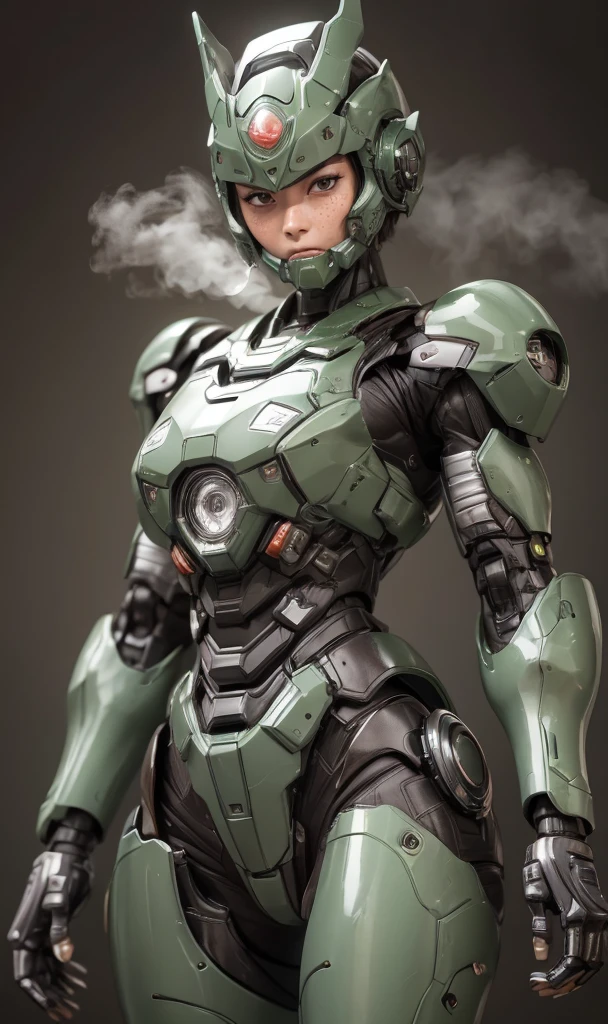 Textured skin, Super Detail, high details, High quality, Best Quality, hight resolution, 1080p, hard disk, Beautiful,(War Machine),beautiful cyborg woman,Dark Green Mecha Cyborg Girl,battleing,Girl with a Mecha Body,、Junior high school girls　Very Shorthair、sweaty brown eyes、Sweaty face、hitornfreckles　Embarrassed expression　Blushing　cute little　A dark-haired　((Steam from the head)) eye glasses　Crouch down　Spread your crotch　M leg opening　(Shyness)