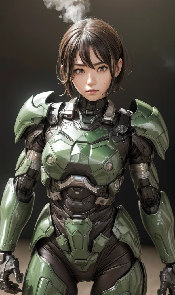 Textured skin, Super Detail, high details, High quality, Best Quality, hight resolution, 1080p, hard disk, Beautiful,(War Machine),beautiful cyborg woman,Dark Green Mecha Cyborg Girl,battleing,Girl with a Mecha Body,、Junior high school girls　Very Shorthair、sweaty brown eyes、Sweaty face、hitornfreckles　Embarrassed expression　Blushing　cute little　A dark-haired　((Steam from the head)) eye glasses　Crouch down　Spread your crotch　M leg opening　(Shyness)