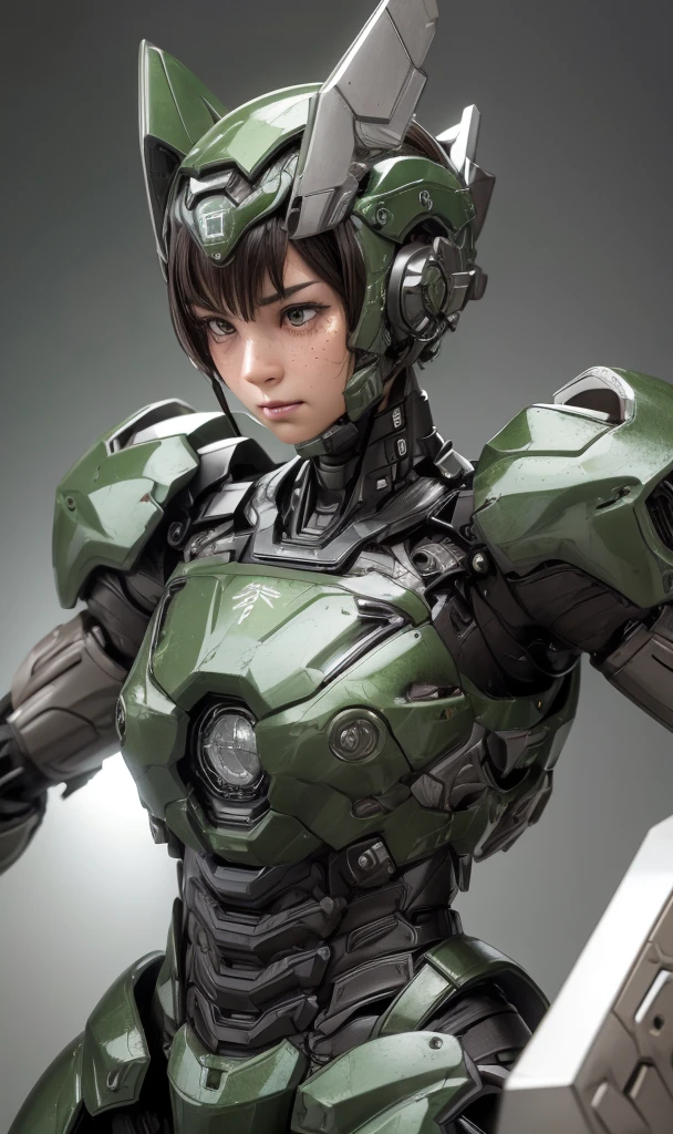 Textured skin, Super Detail, high details, High quality, Best Quality, hight resolution, 1080p, hard disk, Beautiful,(War Machine),beautiful cyborg woman,Dark Green Mecha Cyborg Girl,battleing,Girl with a Mecha Body,、 high school　Very Shorthair、sweaty brown eyes、Sweaty face、hitornfreckles　Embarrassed expression　Blushing　cute little　A dark-haired　((Steam from the head)) eye glasses　Crouch down　Spread your crotch　M leg opening　(Shyness)