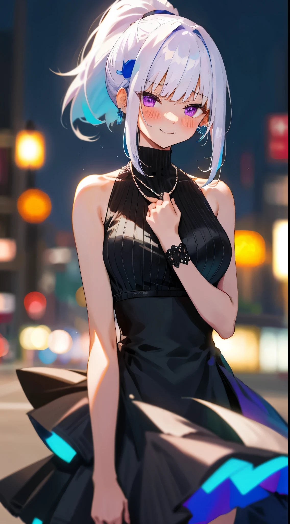 One girl with high ponytail hair, bangs, white hair, blue inner hair:1.25) , purple eyes, looking at viewer, blushing, little smile, tears, black sleeveless dress, bare hands, outdoor, earrings, dating, standing, necklace, citylight, dizzy, mid-chest, night atmosphere, hair ornament, medium breasts, upper body, focus, blurry background