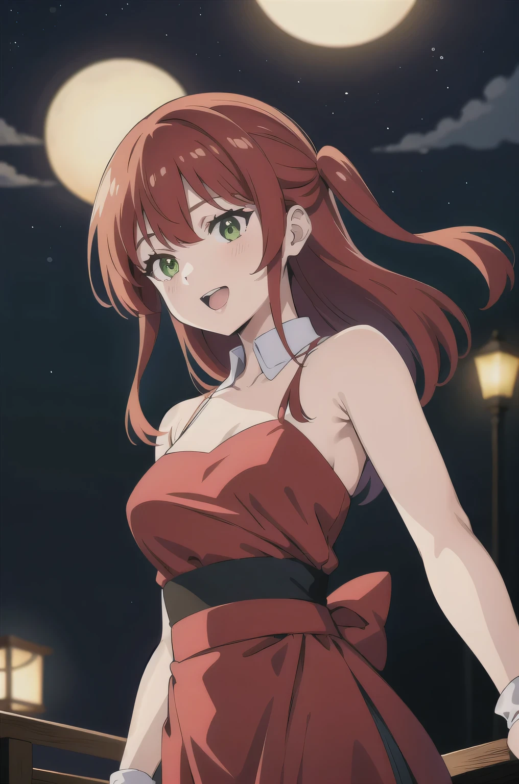 kita ikuyo, one side up, red hair, green eyes, (best quality), (high quality), {masterpiece}, perfect hands, extremely delicate and beautiful, ultra-detailed, beautiful detailed eyes, red dress, sleeveless dress, black elbow gloves, thighs, jewelry, party, night, pink lips, smile, open mouth, standing