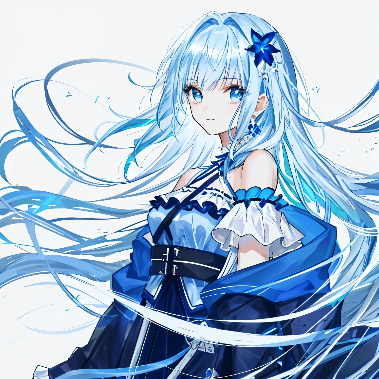 Blue and white hair,Change clothes into off-shoulder halter top,look cheerful,take off outerwear,ssmile