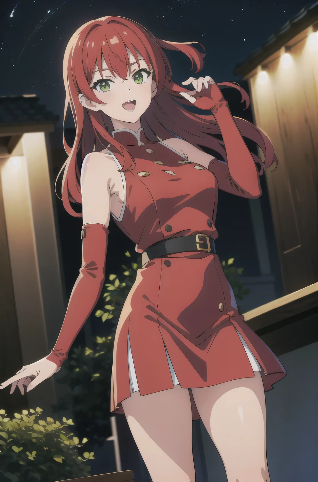 kita ikuyo, one side up, red hair, green eyes, (best quality), (high quality), {masterpiece}, perfect hands, extremely delicate and beautiful, ultra-detailed, beautiful detailed eyes, red dress, sleeveless dress, black elbow gloves, thighs, jewelry, party, night, pink lips, smile, open mouth, standing