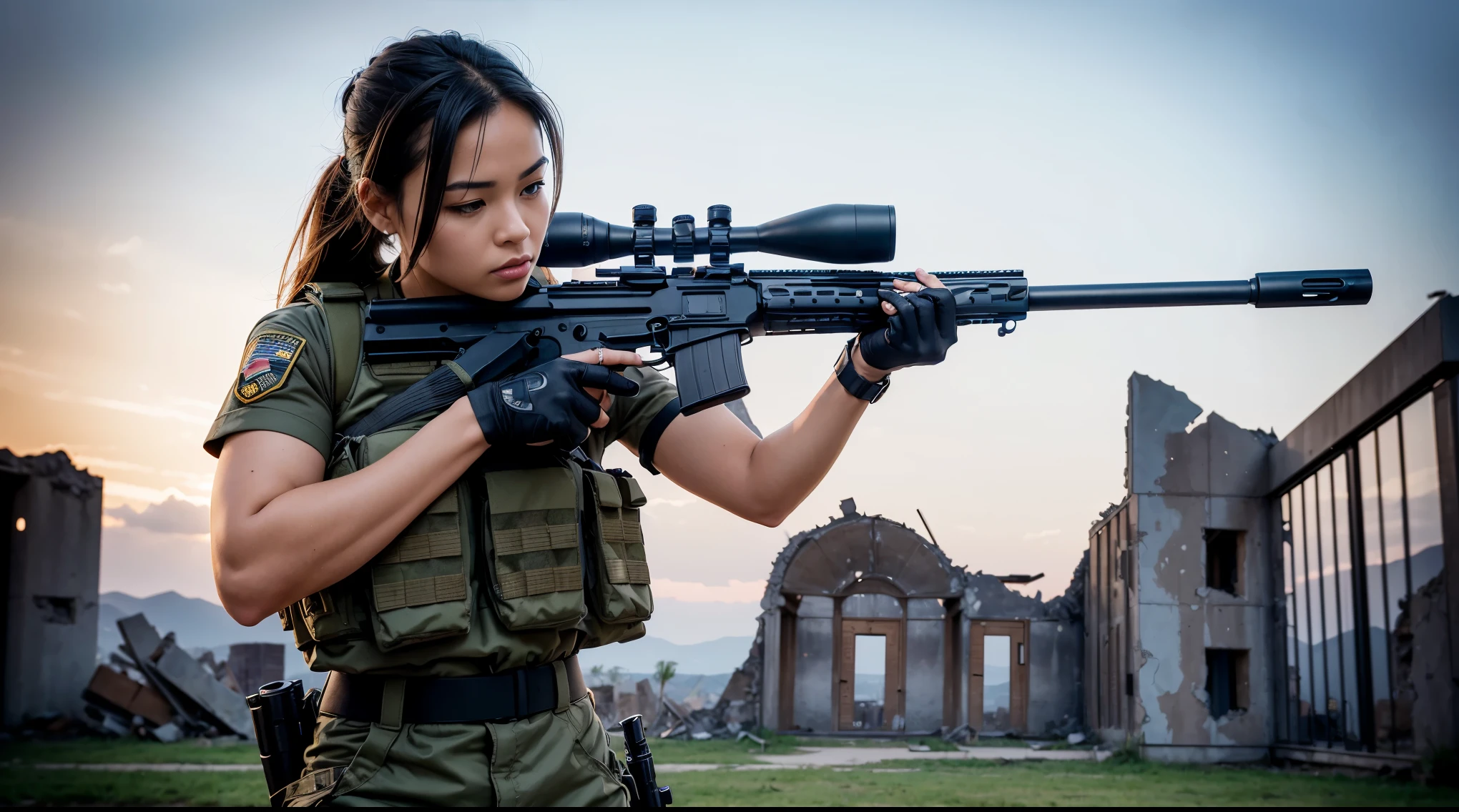 ((​masterpiece,Highest Quality,in 8K,ultra-detailliert,hight resolution,Photorealistic,clearly)),A female special forces member holds a sniper rifle.,(1girl:1.4),(1gun:1.4),(((aim at something with a sniper rifle:1.3))),(Close one eye and look at the sight:1.4),((special forces navy bodysuit:1.3)),((wearing a large bulletproof vest:1.3)),((Wearing combat boots:1.3)),((Equipped with a tactical holster:1.3)),(Shoot head-on:1.4),((Detailed drawing of a sniper rifle)),((detailed drawing of hands)),((Detailed drawing of the feet)),(((The background is ruins:1.5))),(blured background:1.4)),(Detailed drawing of faces),