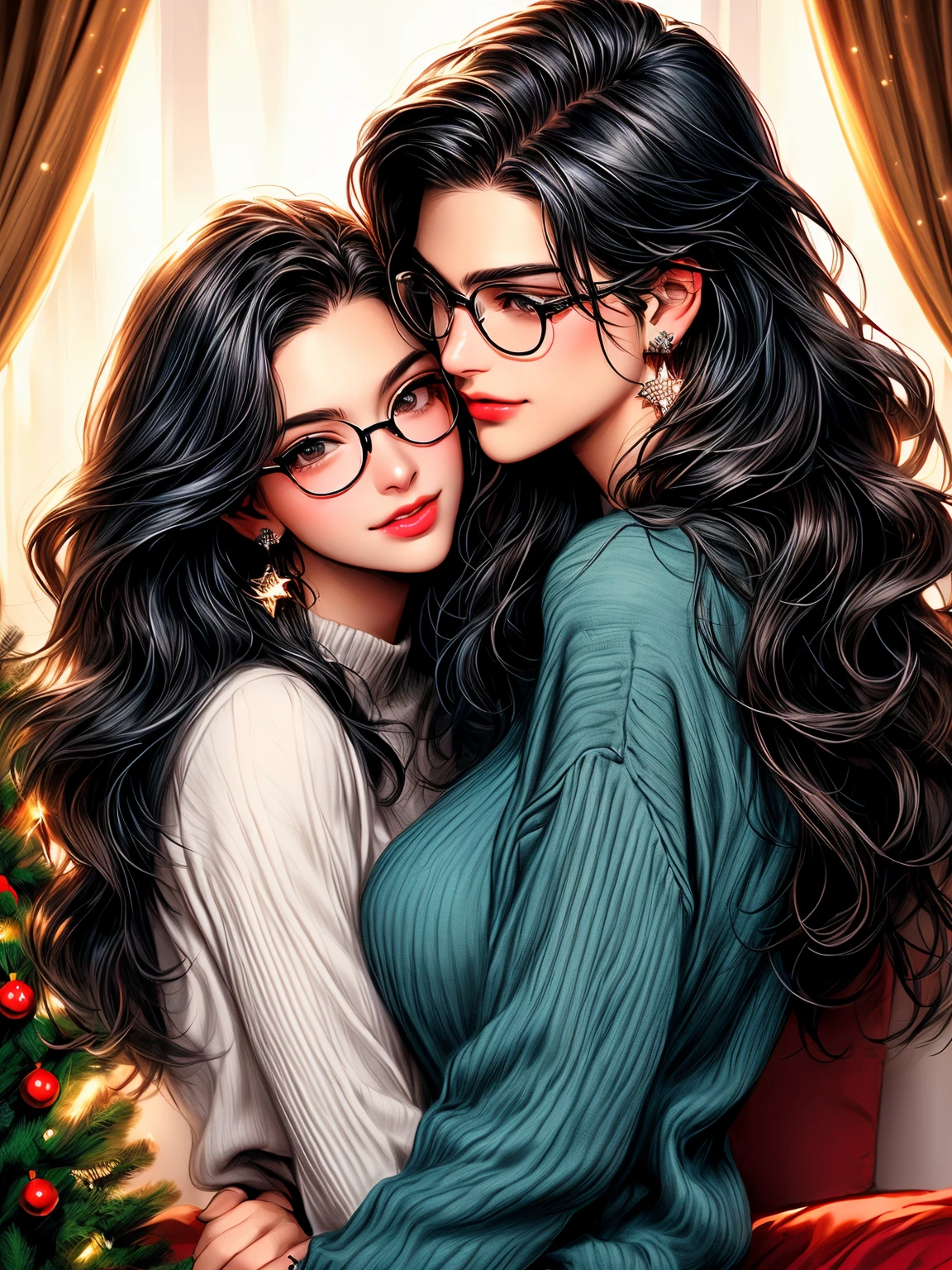 full view traditional illustration detailed, two characters, first: Clark Kent (muscular, black hair, s-curl, glasses, blue sweater) second: and Diana Prince Wonder Woman (long black wavy hair, body positive, small star stud earrings red oversized sweater), lounging together, Christmas tree decorations, rise apartment. he is looking back at Diana with a smile. wholesome, kiss on the neck, lips touching softly shiny tongue digital art