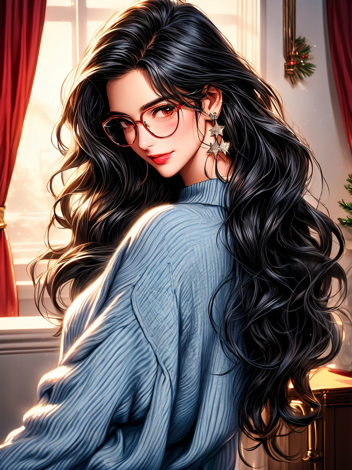 full view traditional illustration detailed, two characters, first: Clark Kent (muscular, black hair, s-curl, glasses, blue sweater) second: and Diana Prince Wonder Woman (long black wavy hair, body positive, small star stud earrings red oversized sweater), lounging together, Christmas tree decorations, rise apartment. he is looking back at Diana with a smile. wholesome, kiss on the neck, lips touching softly shiny tongue digital art