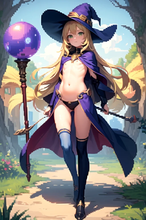 (masterpiece, top quality, best quality), pixel,pixel art,1girl,full body, blonde, long golden hair in the wind, green eyes, witch outfit, holding a blue orb, holding a staff, exposed belly, small chest, purple cloak, knee socks