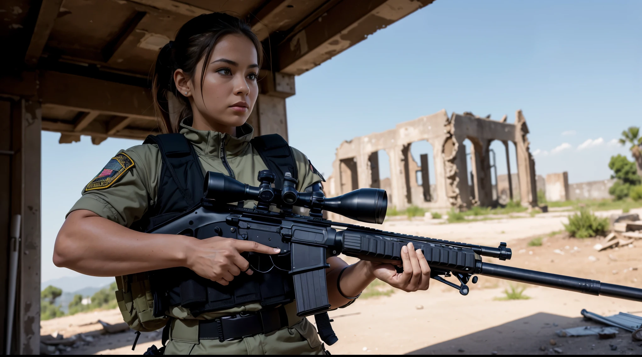 ((masterpiece,Highest Quality,in 8K,ultra-detailliert,hight resolution,Photorealistic,clearly)),A female special forces member holds a sniper rifle.,(1girl:1.4),(1gun:1.4),(((aim at something with a sniper rifle:1.3))),(Close one eye and look at the sight:1.4),((special forces navy bodysuit:1.3)),((wearing a large bulletproof vest:1.3)),((Wearing combat boots:1.3)),((Equipped with a tactical holster:1.3)),(Shoot head-on:1.4),((Detailed drawing of a sniper rifle)),((detailed drawing of hands)),((Detailed drawing of the feet)),(((The background is ruins:1.5))),(blured background:1.4)),(Detailed drawing of faces),