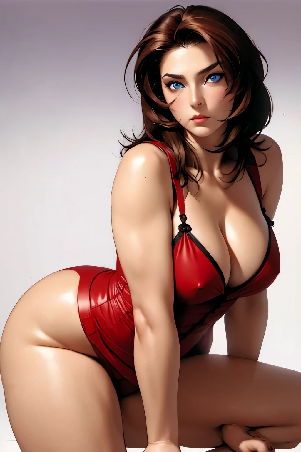 tmasterpiece, Best quality, 1 sister, Lesbian, (mature), Alone, , The face is red, flatchest, eBlue eyes, Brown hair, , looking at viewert, Beautiful curves, Wide hips, Thigh thick, closeup cleavage,a sketch, Background with