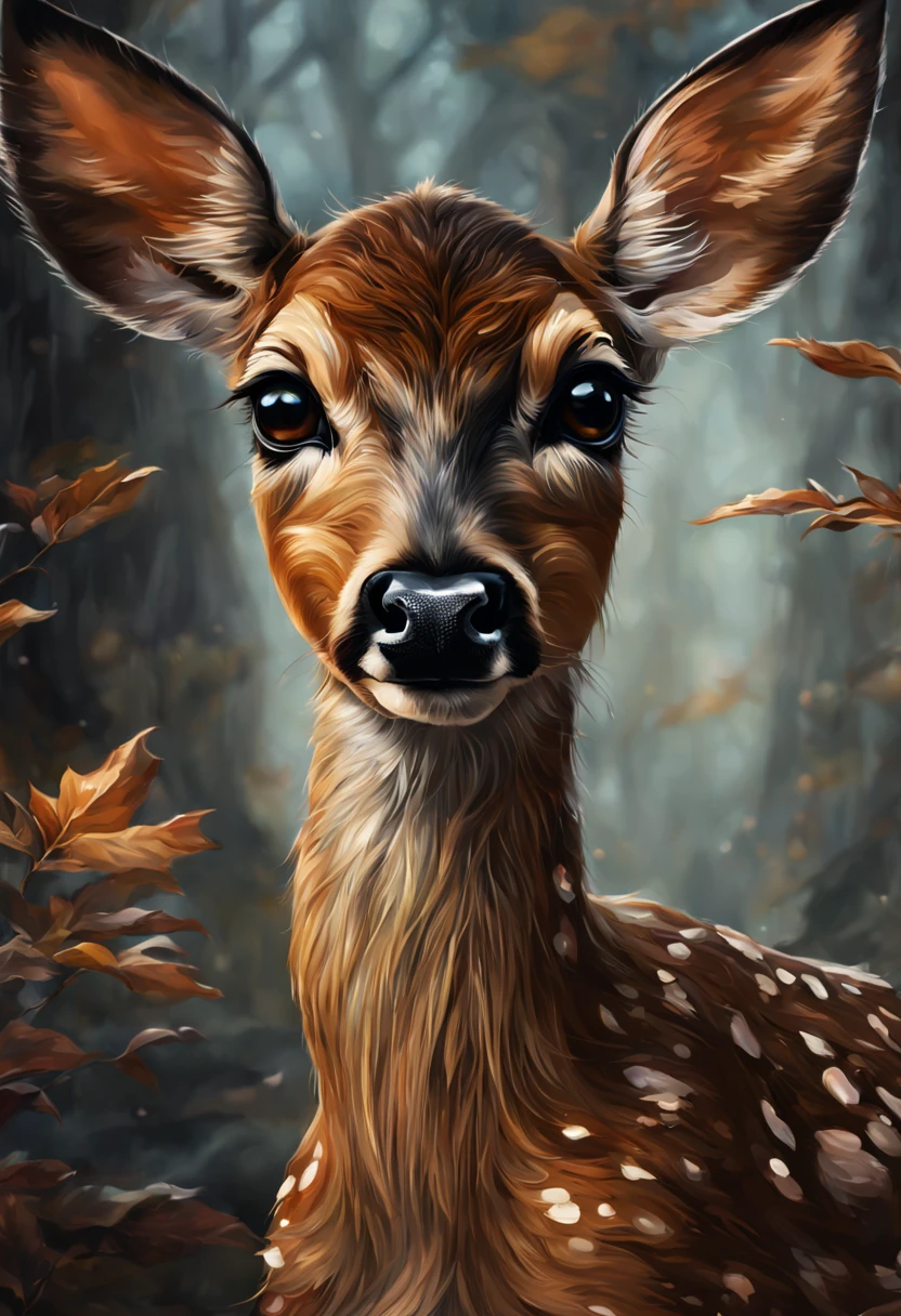 mesmerizing portrait of a fawn with eyes full of stories and a face untouched by time. behind them, the eyes, like windows to the soul, reveal a multitude of emotions and experiences, while the serene expression on the face remains undisturbed. this artwork exudes a sense of mystery and depth Epic cinematic brilliant stunning intricate meticulously detailed dramatic atmospheric maximalist digital matte painting