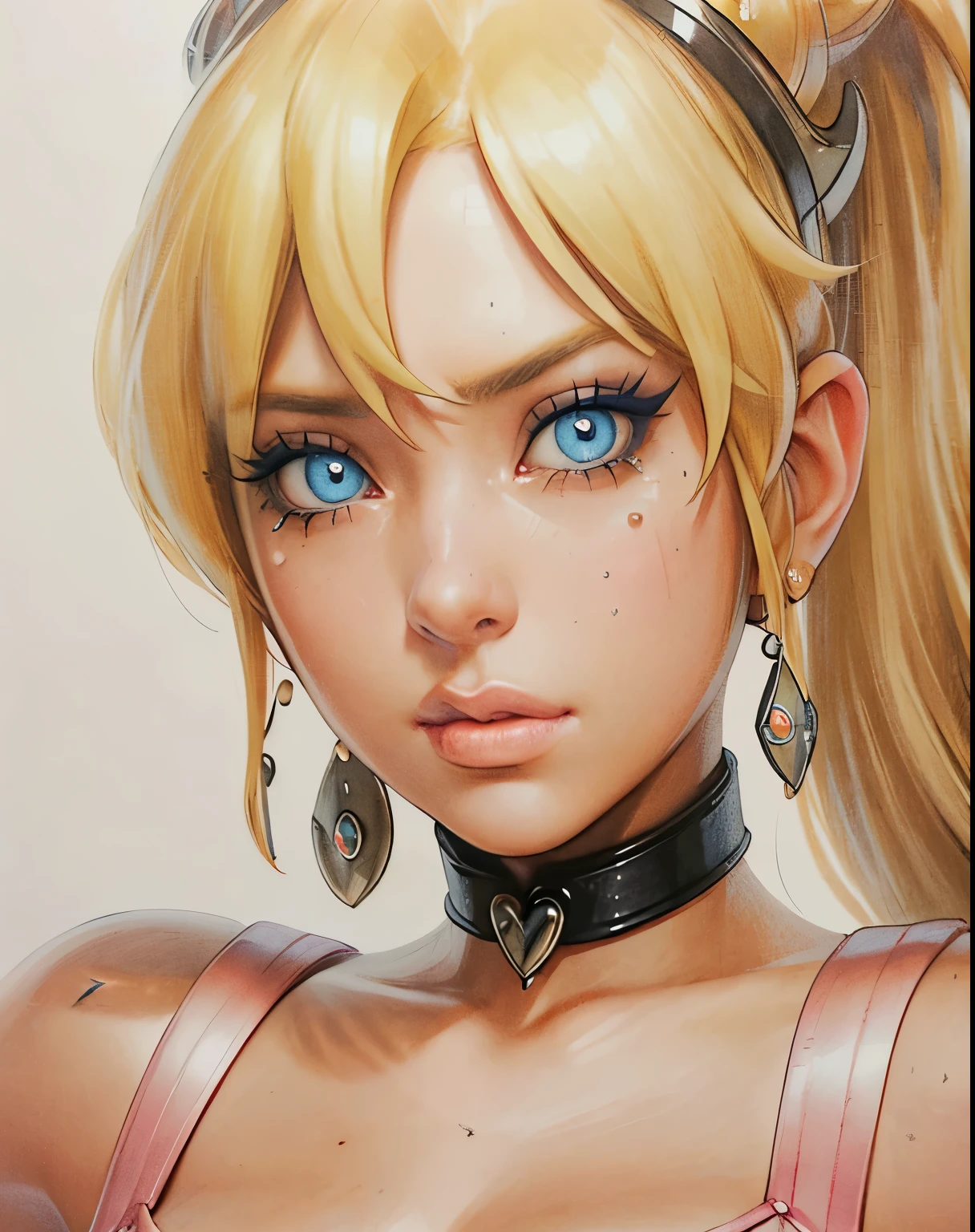 masterpiece, best quality, Princess Peach,(best shadow),1girl,blue eyes, blonde hair, tears, leather collar,steamy,looking at viewer,expressive eyes, marker \(medium\), traditional media