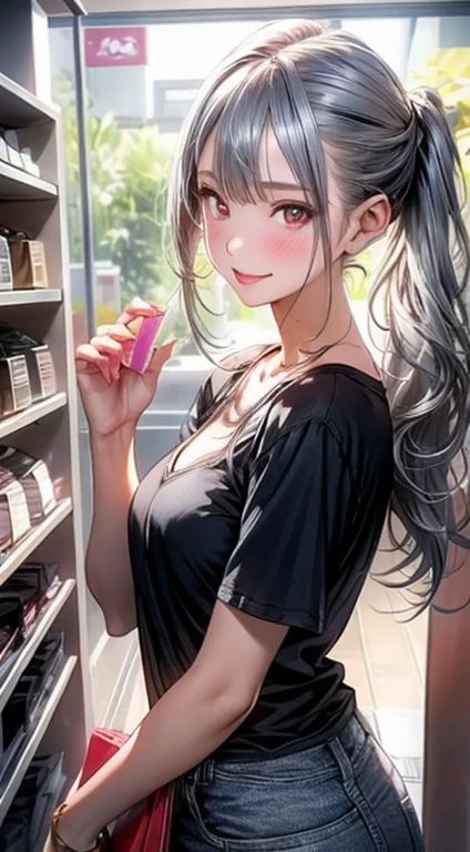 High resolution 8K, NSFW, Bright light illumination, lens flare, sharpness, masterpiece, top-quality, The ultra -The high-definition, high resolution, extremely details CG, subject, (((Inside a lingerie shop))), 1girl, beauty lingerie, panties, bras are displayed on the rack, (((silver hair))), (((pony Tail))), smile, Beautiful Women, Red eyes, Straight hair, long Hair, wear a black T-shirt, wear jeans, high quality material, Showroom, intimate, Pink and gold color scheme,(Natural skin texture Vibrant details, hyper realistic)