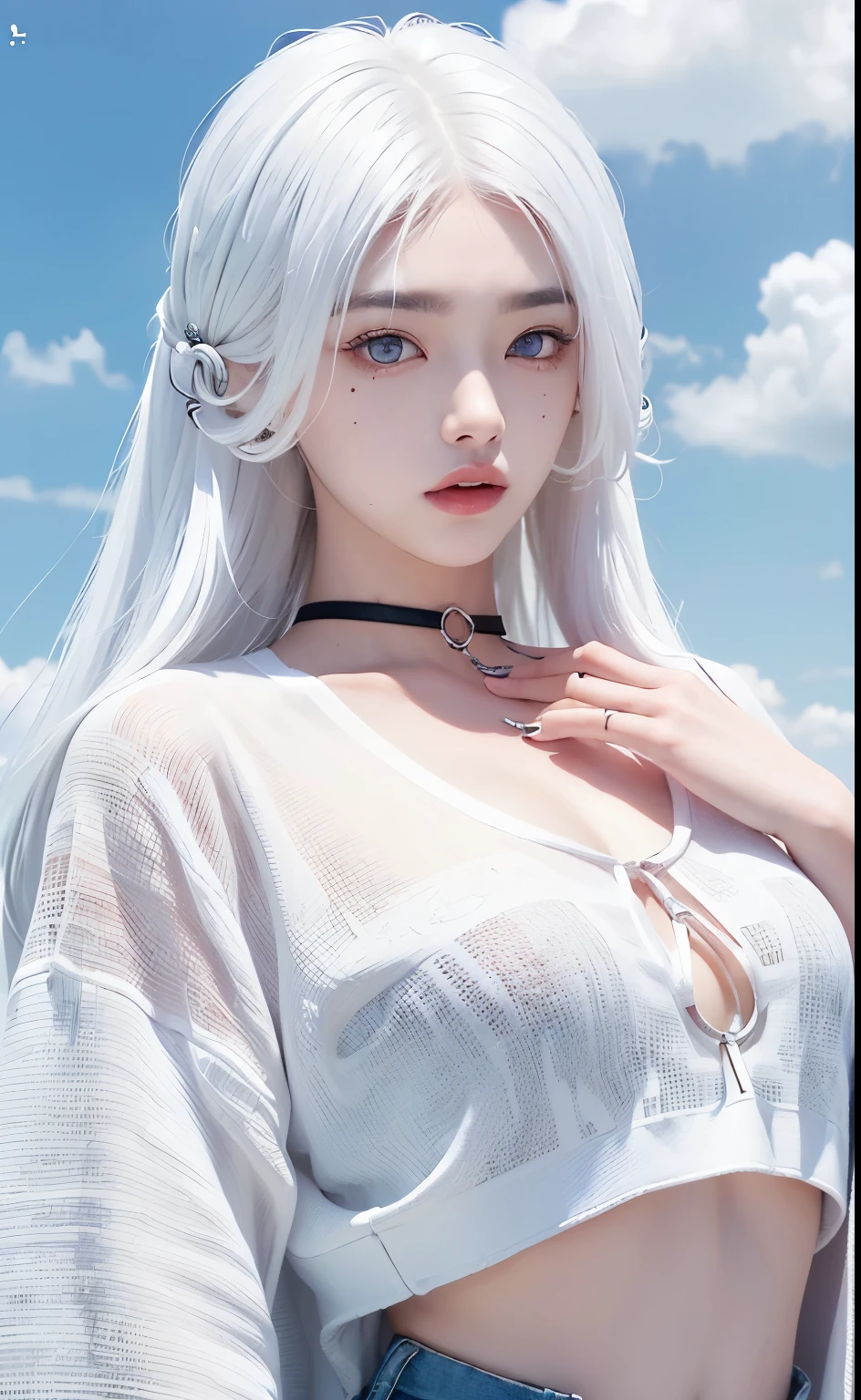 (tmasterpiece, actual, A high resolution), (1 girl): 1.2), korean people, ((White hair rings): 1.3), (heterochromatic eyes: 1.1, Thick eyebrows, There is a small mole under the eye), disease, (white shirt, Red sports short chest): 1.2, upper legternal, with blue sky and white clouds