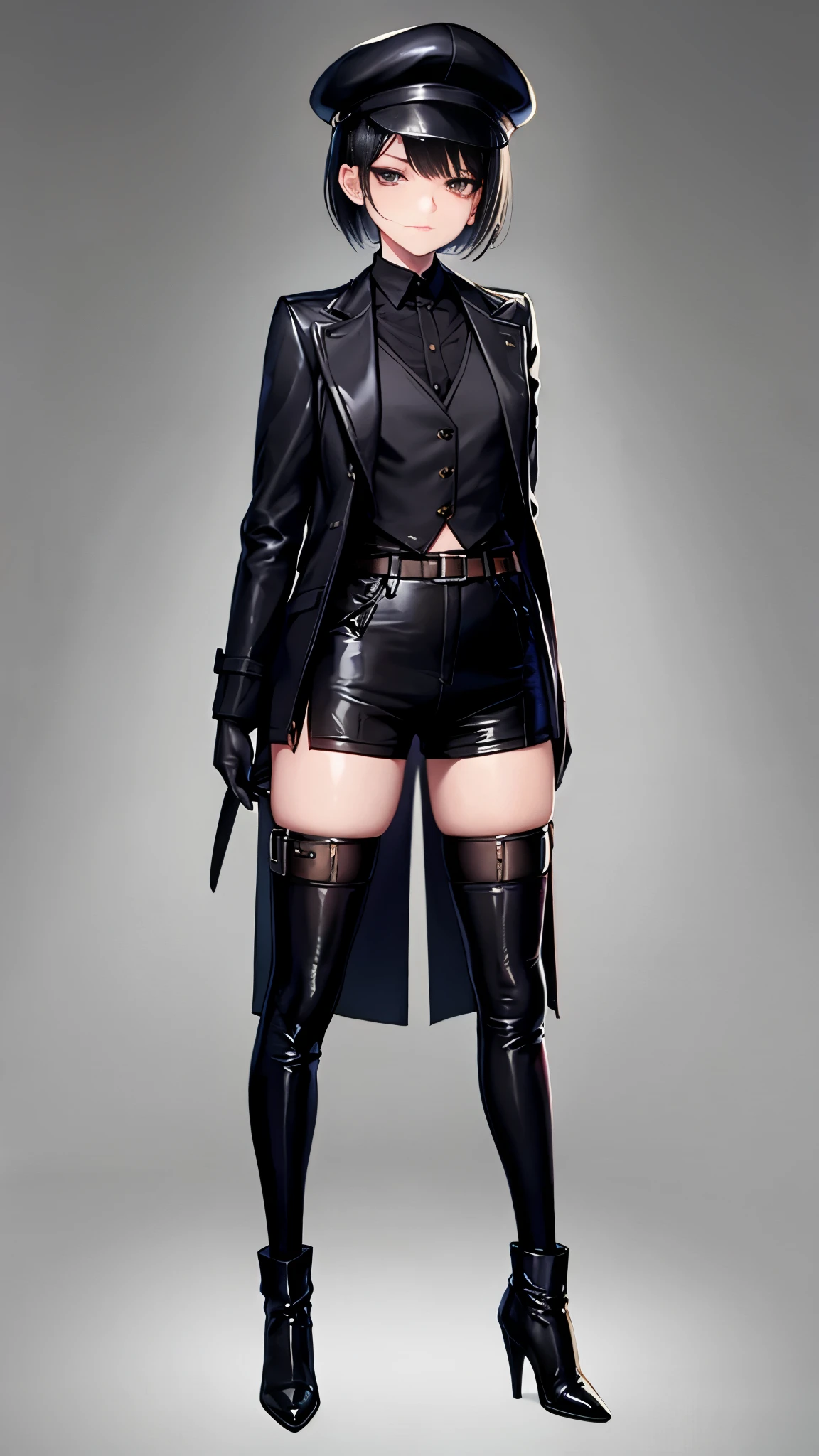 Black Hair Short Hair、{{Kawaii Novel Game Illustration Androgynous Cross-Dressing}},{{独奏,Boyish 1 Girl}},{{full body Esbian}},is standing,Lori,{18year old},{Waistcoat over black trench coat、flat cap、Shorts、Leather Boots},middlebreasts,dark brown eyes) )The tattoo、Vulgarity:1.2), steam,perspiring、Long gloves, , (Condom belt),thigh high boots、Absolute area、（high-heels）