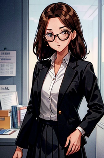 1girl, medium-length brown hair, brown eyes, glasses, open forehead, office outfit, black jacket, white shirt, black skirt