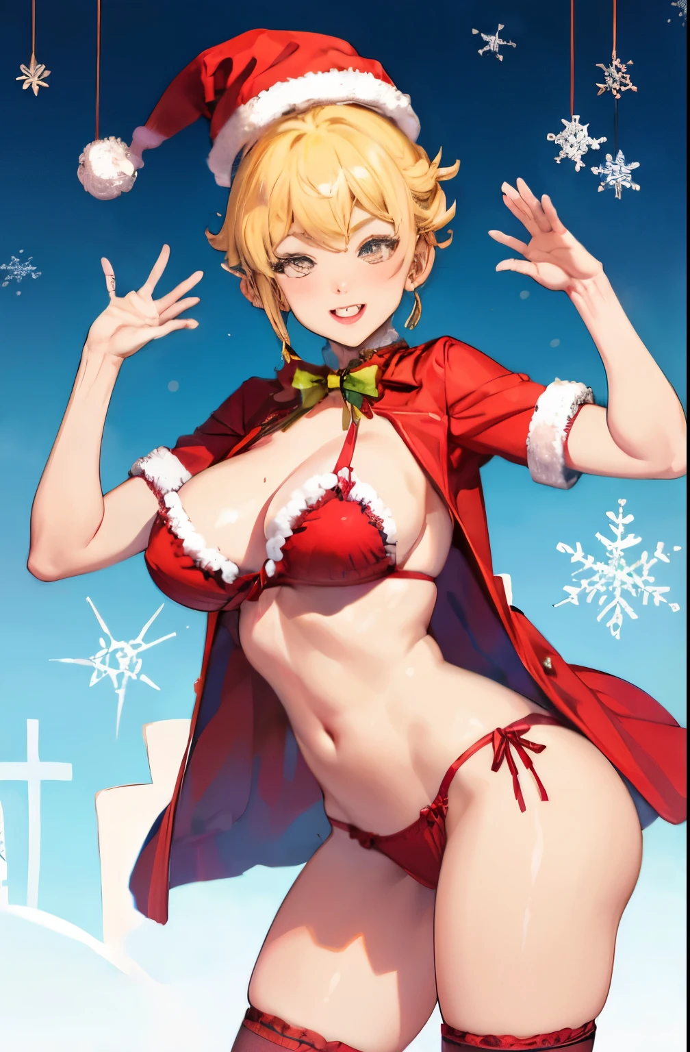 obra maestra, mejor calidad, panchy, feliz, sonrisa, pechos grandes,manos en sus propias piernas, cuerpo completo , grandes tetas, gran trasero, voluptuoso, piernas abiertas , pose sexy , escote , Christmas hat , Christmas Clothes, nieve , christmas lingerie, christmas coat , christmas stockings , christmas heels