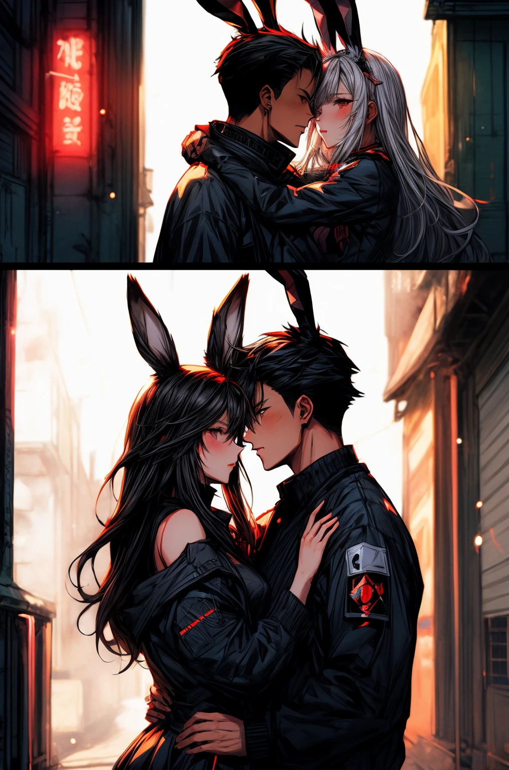 anime couple dressed in black and white with bunny ears hugging, artwork in the style of guweiz, guweiz, wlop and sakimichan, guweiz on pixiv artstation, sakimichan and frank franzzeta, guweiz on artstation pixiv, from arknights, from girls frontline