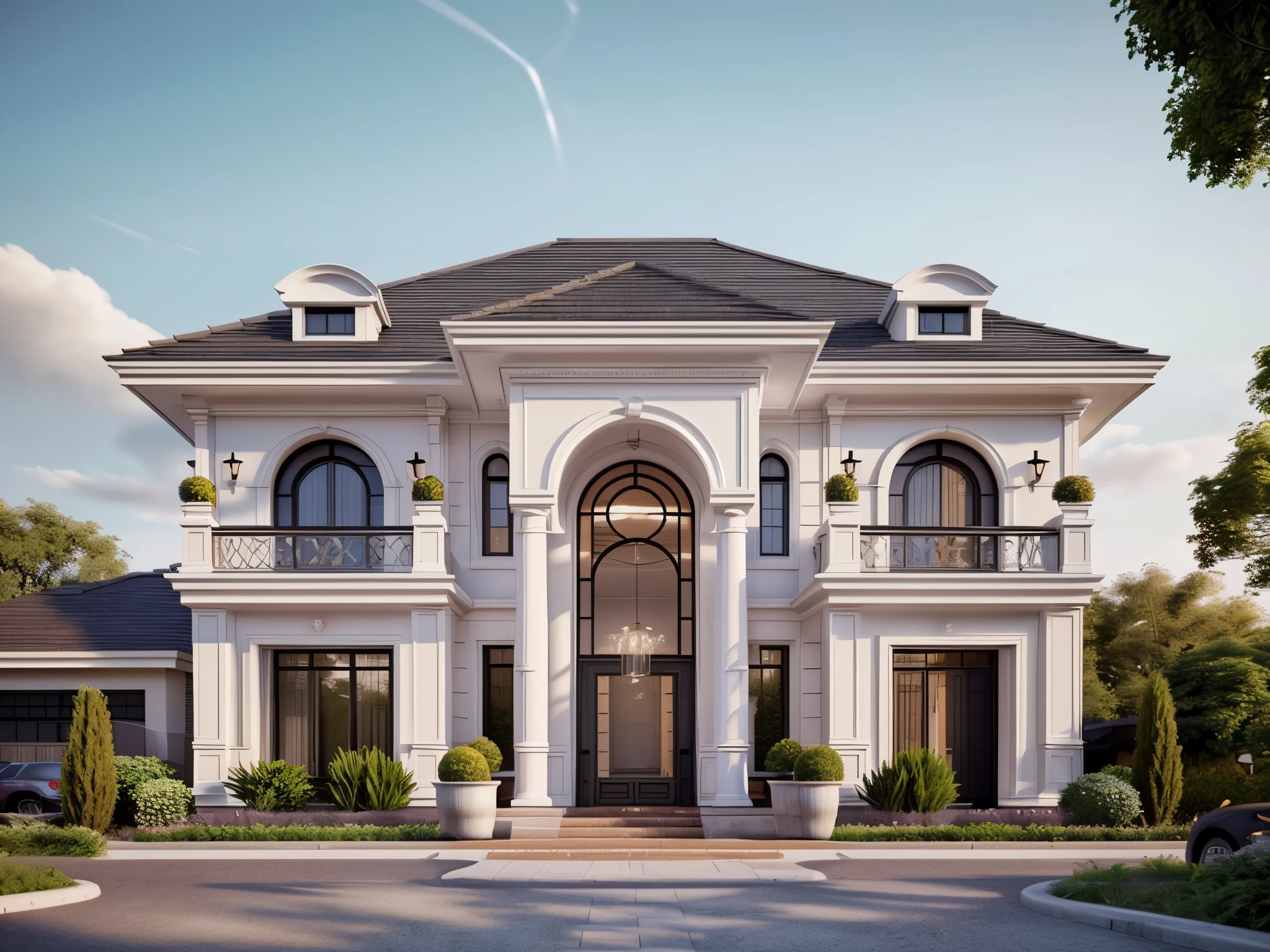 We are seeking a skilled architectural firm to design the exterior of a neoclassic villa that exudes elegance and sophistication. The design should incorporate traditional neoclassical elements such as columns, pediments, and symmetrical proportions while also incorporating modern touches to create a timeless and functional space. The exterior should prioritize durability, low maintenance, and energy efficiency. Detailed design drawings, construction documents, and a project timeline that meet our requirements for quality, cost, and delivery are required. Proposals must be submitted by the deadline to be considered for this exciting opportunity.The ambient lighting highlights the textures and details, creating a stock photo-like atmosphere, (((Best Quality:1.5))), ((Masterpiece)), ((best illustration)), ((best shadows)), ((Super Detail:1.5)), (Intricate lines:1.5), (Photorealism:1.5),(hyper detail:1.5), ((archdaily)), ((award winning design)), (dynamic light:1.5), ((day)), (perfect light:1.5), (shimering light:1.5), (hidden light:1.5), ((photorealistic)), ((FKAA, TXAA, RTX, SSAO)), ((Post Processing)), ((Post-Production)), ((CGI, VFX, SFX)), ((Full color)), ((Sony A7R IV - 61 MP Exmor R CMOS full frame 35mm 61.0 Megapixel)) ,((Unreal Engine 5)), ((intricate detail)), ((extreme detail)), ((science)), ((hyper-detail)), ((super detail)), ((super realistic)), ((crazy detail)), ((octane render)), ((Cinematic)), ((trending on artstation)), ((High-fidelity)), ((Viwvid)), ((Crisp)), ((Sharp)), ((Bright)), ((Stunning)), ((Likelife:1.5)), Natural, ((Eye-catching)), ((Illuminating)), ((Flawless)), ((High-quality)),((Sharp edge render)), ((medium soft lighting)), ((photographic render)), ((detailed archviz))