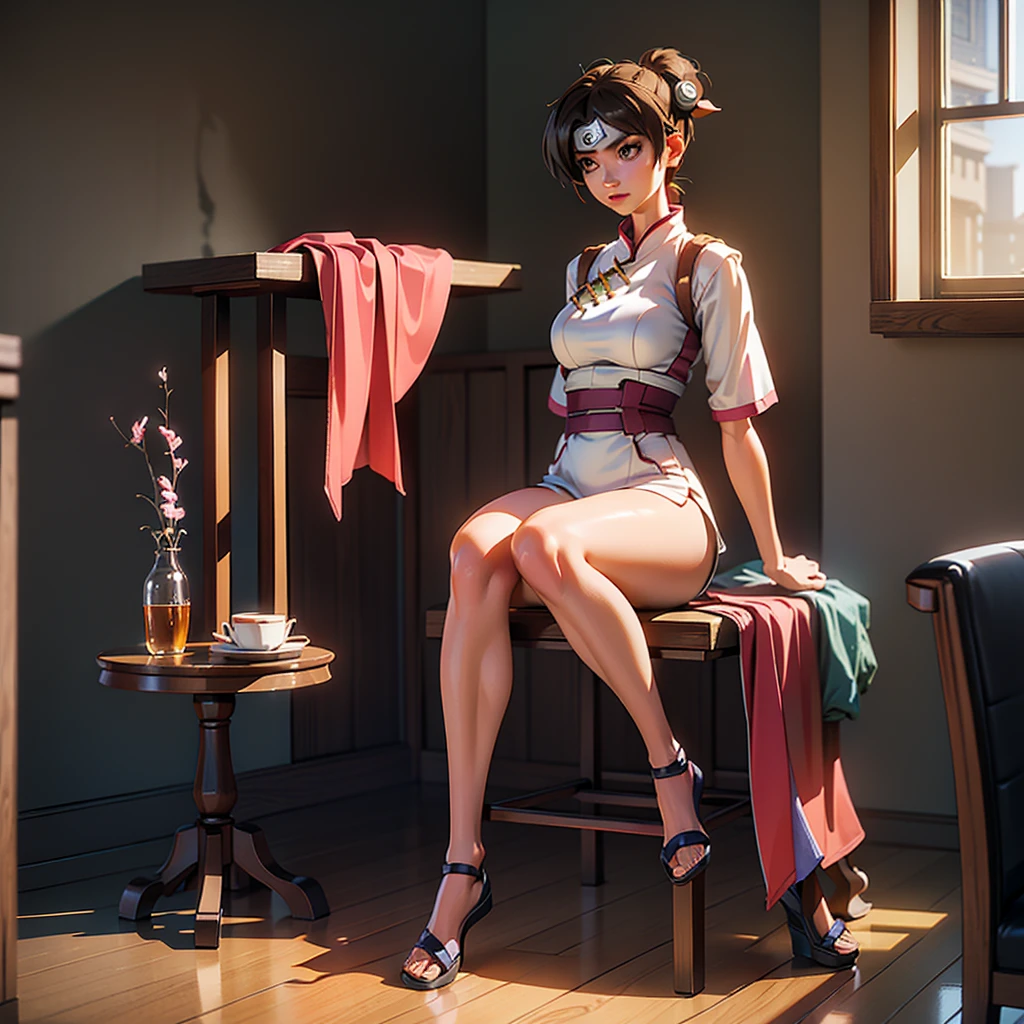 (hyper realistic girl: 1.2), ((18 year old Tenten)), full body, single body, looking forward, sitting on ground, (inner thighs exposed), knees bent, (short straight hair) , (big breasts:1.2), Female room, Traditional Japanese Room, Hyper realistic, cinematic lighting, (octan render), ray tracing