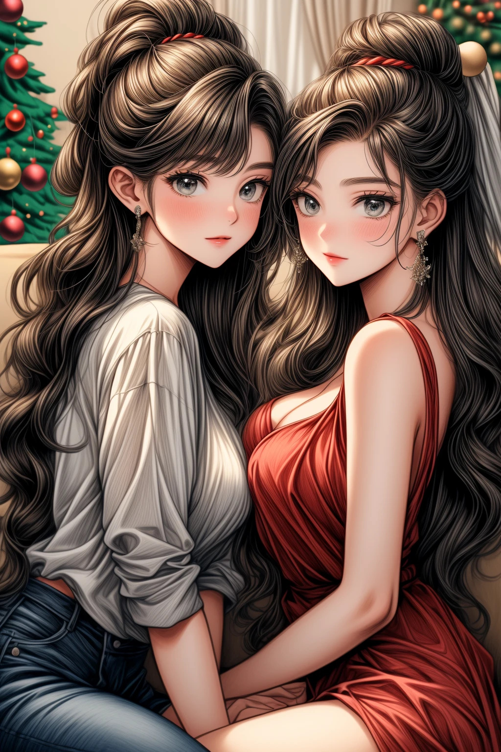 two women sitting on a couch with a christmas tree in the background, wavy long black hair and glasses, beautiful gemini twins portrait, beautiful gemini twins, in the art style of bowater, artwork in the style of guweiz, two girls, style artgerm, two beautiful anime girls, alena aenami and lilia alvarado, high quality portrait