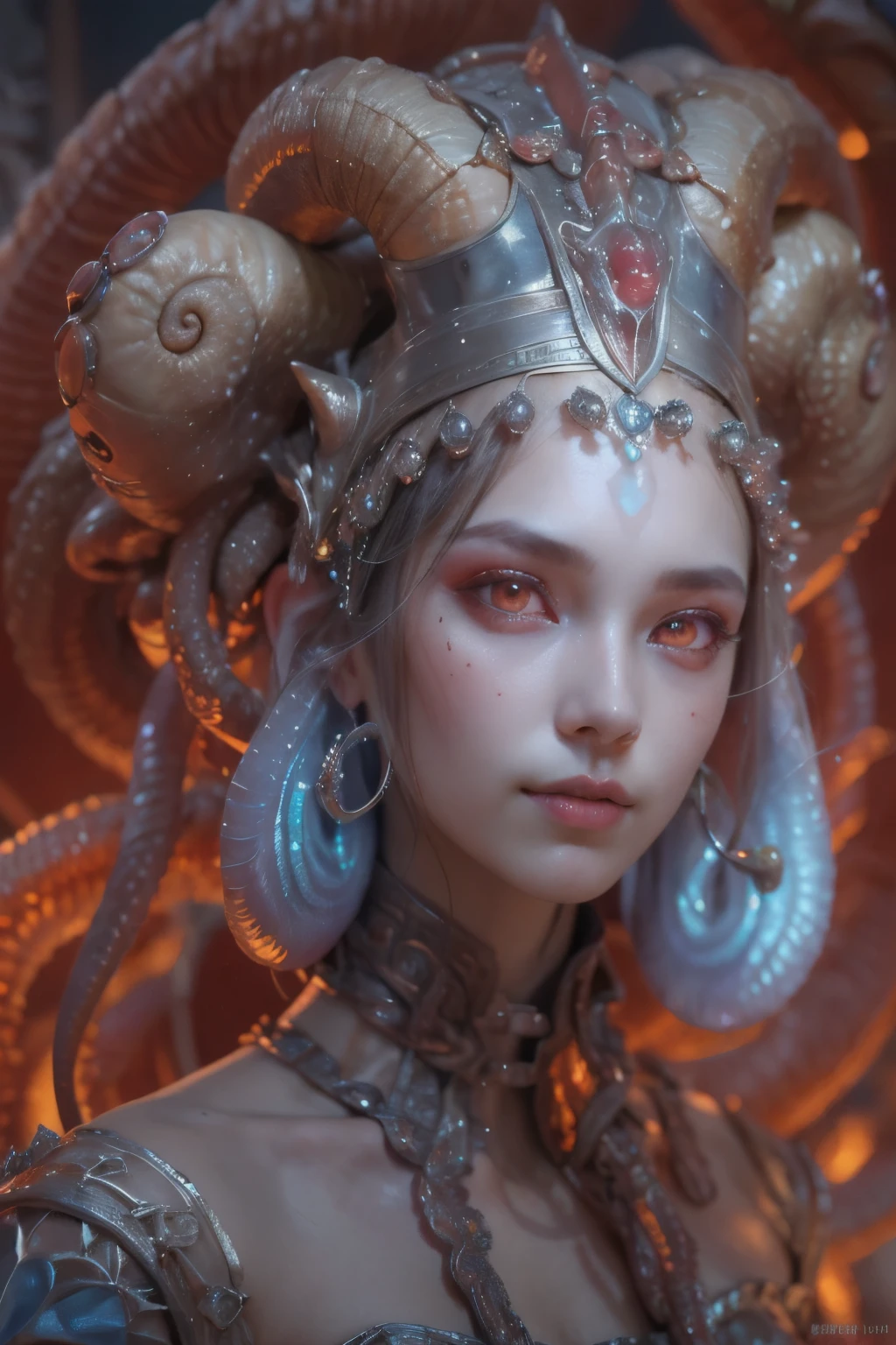 Portrait, (beautiful female alien:1.2),  (There is a female genital-like organ in the middle of the forehead.:1.8), (The most beautiful face in the history of the universe:1.2), (scarlet eyes:1.6), (Translucent skin:1.8), an evil gaze that seduces , (red eyes:1.5), Full body like, (sexypose:1.5), alien, No humans, cells are fused, (Lots of translucent tentacles:1.1) (Translucent skin:1.3), extraterrestrial, cell, bio image, 魅惑的, Best Quality, 8K,4K_quality, High Definition, Dramatic Lighting, masutepiece:1.5,cinematic quality, detail up, (Intricate details:1.2), High resolution, High Definition, drawing faithfully, (Thick eyebrows:1.2), Beautiful eyes with fine symmetry, (Ultra detailed eyes:1.2),(Highly detailed face and eyes:1.2), (High-resolution red-eye:1.4), Intimate face, (Super detailed skin quality feeling:1.4), Perfect Anatomy,  (Beautiful toned body:1.5),  (Moist skin:1.2), No makeup, (dark circles:1.1), long canines, cinematic drawing of characters, ultra high quality model, cinematic quality, detail up, (Intricate details:1.2), High resolution, High Definition, drawing faithfully, Official art, Unity 8K wall  , 8K Portrait, Best Quality, Very High resolution, ultra detailed artistic photography, midnight aura,  unreal enginee 5, Ultra Sharp Focus, art by alberto seveso, ArtGerm, Roisch, intricate artwork, Medusa, best quality, masutepiece, ultra High resolution, (photos realistic：1.4), Ultra-realistic realism, dream-like,  nautilus, Creation of fantasy, Snail, Dream Snail,  biopunk nautilus, Thrilling color schemes， Ultra-realistic realism， seductively smiling, Blue tentacles
