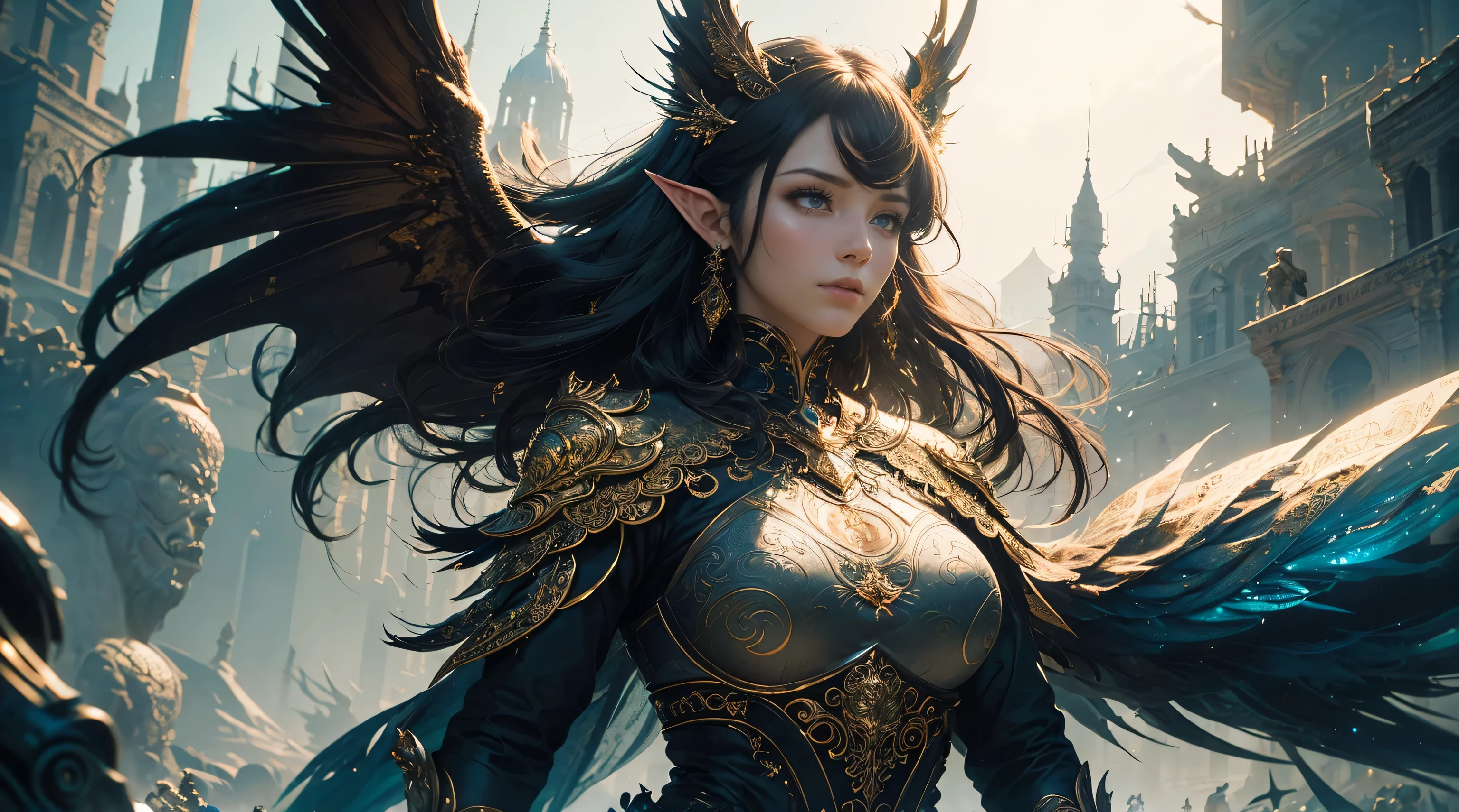 (best quality: 1.1), (masterpiece: 1.1), (Valencia: 1 girl girsterpiece, bestquality, raw photo, realistic, FACE, incredibly ridiculous, beautiful girl, magic, long long hair, depth of vision, Highres, hyperdetailed, finely detailed, RAWExtremely detailed, extremely detailed eyes and face, sharp pupils, realistic pupils, sharp focus, cinematic lighting, detailed, perfect anatomy, a closeup of a woman with beautiful brown eyes face in a costume with a dragon on her shoulder, costume outfit, cinematic goddess body shot, majestic body full body angel, elegant cinematic pose, hyperdetailed full body shot, hyperdetailed fantasy character, full body image, like a mystical valkyrie, detailed whole body, beautiful and elegant elf queen, unreal motor render + a goddess, grumpy lighting, glow,  bright, mysterious, mystical, magical, rim lighting, vibrant, psychedelic, colorful, intricate, elegant, sharp focus, highly detailed, digital painting, conceptual art, matte, masterpiece, hyper detailed ultra sharp, vibrant aesthetic, blood wave, colorful, psychedelic, ornate, intricate, digital painting, conceptual art, smooth, sharp focus, illustration, beautiful female,