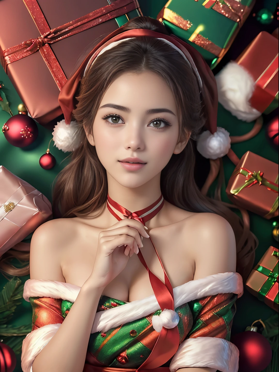 (((Em estilo adesivo para eventos de Natal))), (((SFW))), 8k, ((masutepiece)),(((qualidade superior))),((ultra-detalhado)),((((Realistic)))), Fotorrealista:1.37, (Um hiper-realista), (illustratio), (alta resolução), (ighly detalhado), (The best illustrations), (ultra-detailed細), (parede-), (Rosto detalhado), (beautiful expression), ((詳細 top qualityのスキン:1.2)), ((Blush avermelhado)), (ultra-detailed細な背景, Antecedentes detalhados), (Beautiful and Aesthetic: 1.2), extremamente detalhado, (((A scene in which the girl herself becomes a Christmas present:1.5))), ((sorriso carinhoso)), There is a woman standing with a furoshiki wrapped around her bare skin., (((Furoshiki colorido de Natal))), ((Fita adesiva enrolada em uma garota'Corpo)), ((Christmas-colored wrapping ribbons are tied around the girl'headpe, Neck strap, e cintura.))
