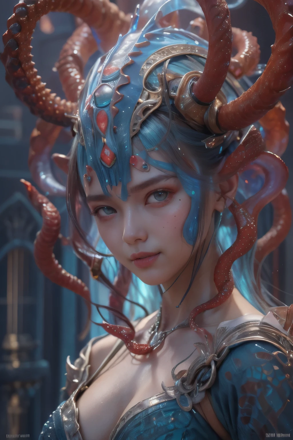 Portrait, (beautiful female alien:1.2), (There is a female genital-like organ in the middle of the forehead.:1.8), (The most beautiful face in the history of the universe:1.2), (scarlet eyes:1.6), (Translucent skin:1.8), an evil gaze that seduces , (red eyes:1.5), Full body like, (sexypose:1.5), alien, No humans, cells are fused, (Lots of translucent tentacles:1.1) (Translucent skin:1.3), extraterrestrial, cell, bio image, 魅惑的, Best Quality, 8K,4K_quality, High Definition, Dramatic Lighting, masutepiece:1.5,cinematic quality, detail up, (Intricate details:1.2), High resolution, High Definition, drawing faithfully, (Thick eyebrows:1.2), Beautiful eyes with fine symmetry, (Ultra detailed eyes:1.2),(Highly detailed face and eyes:1.2), (High-resolution red-eye:1.4), Intimate face, (Super detailed skin quality feeling:1.4), Perfect Anatomy, (Beautiful toned body:1.5), (Moist skin:1.2), No makeup, (dark circles:1.1), long canines, cinematic drawing of characters, ultra high quality model, cinematic quality, detail up, (Intricate details:1.2), High resolution, High Definition, drawing faithfully, Official art, Unity 8K wall , 8K Portrait, Best Quality, Very High resolution, ultra detailed artistic photography, midnight aura, unreal enginee 5, Ultra Sharp Focus, art by alberto seveso, ArtGerm, Roisch, intricate artwork, Medusa, best quality, masutepiece, ultra High resolution, (photos realistic:1.4), Ultra-realistic realism, dream-like, nautilus, Creation of fantasy, Snail, Dream Snail, biopunk nautilus, Thrilling color schemes, Ultra-realistic realism, seductively smiling, Blue tentacles