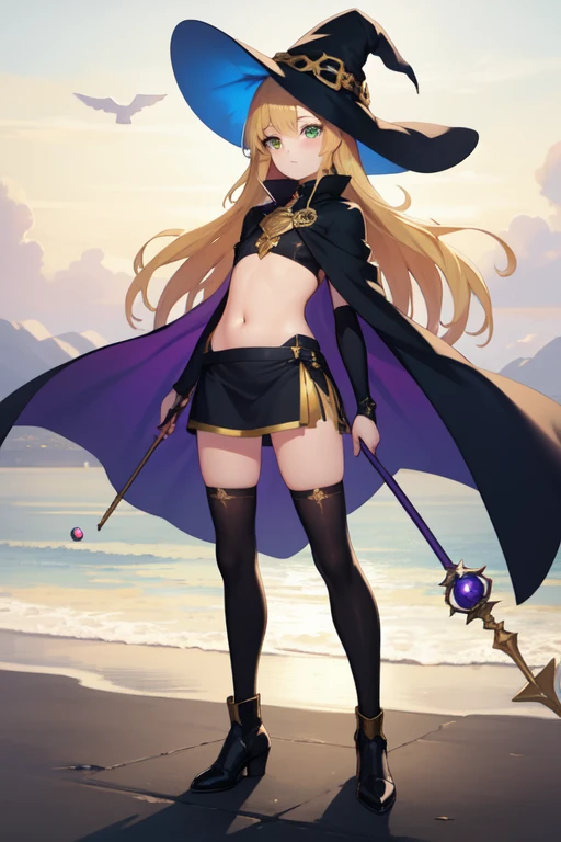 (masterpiece, top quality, best quality), 1girl,full body, blonde, long golden hair in the wind, green eyes, witch outfit, holding a blue orb, holding a staff, exposed belly, small breasts, purple cloak, knee socks, big thighs