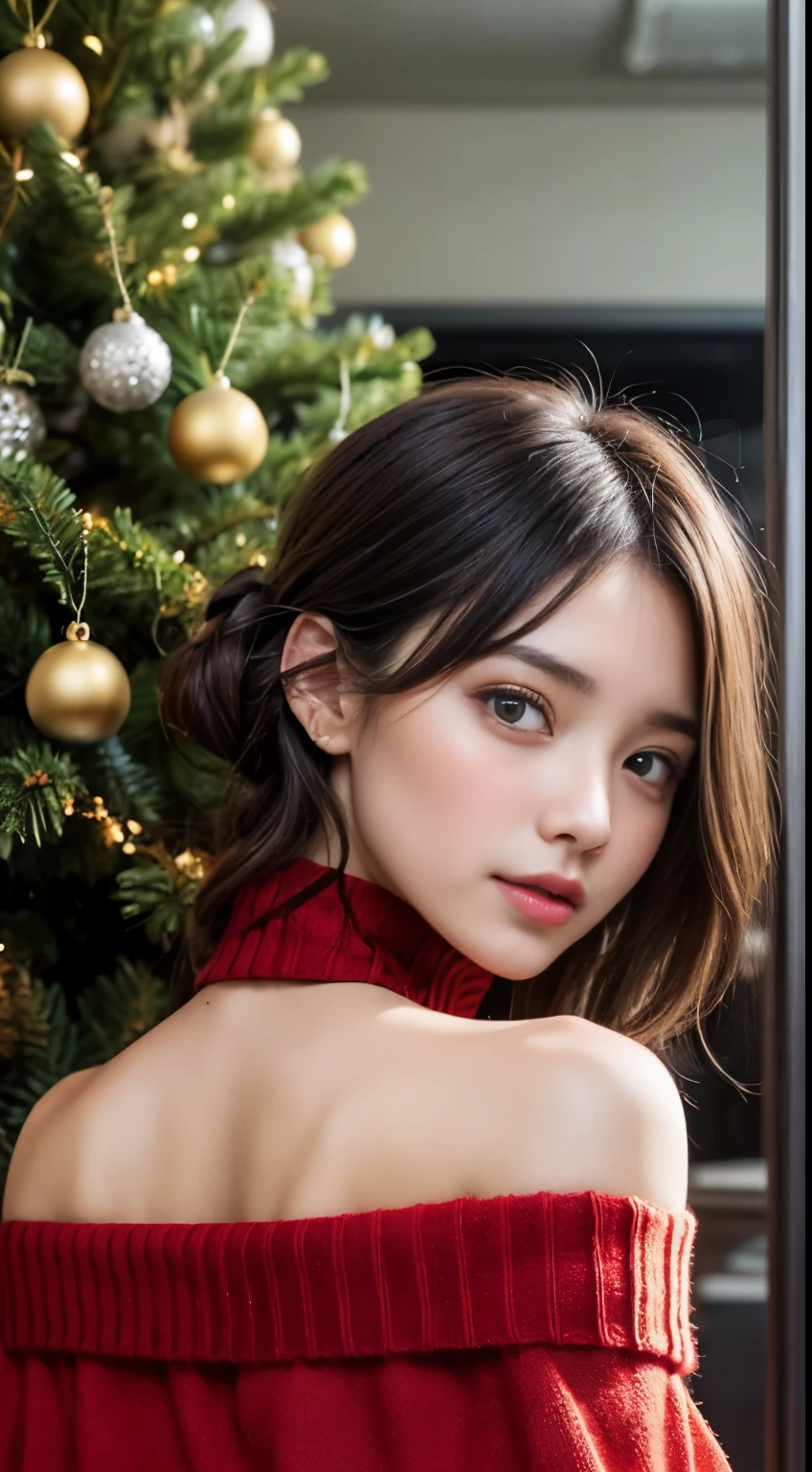 (1Menina), (backward:1.5), Looking back, (rosto bonito altamente detalhado), Amazing face and visual quality:1.4), (ultra-detalhado), (extremamente detalhado CG unificado 8k wallpaper), altamente detalhado, high-definition RAW color photos, fotografia profissional, Realistic portrait, amazing face and eyes, (red off-shoulder sweater:1.5), (Natal, Natal Ornaments, Natal tree), Interior, escola, sala de aula, (calcinha de renda pura:1.3), profundidade de campos, (view from below:1.25),