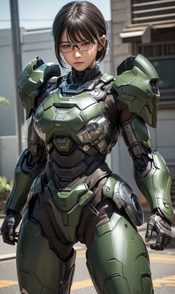 Textured skin, Super Detail, high details, High quality, Best Quality, hight resolution, 1080p, hard disk, Beautiful,(War Machine),beautiful cyborg woman,Dark Green Mecha Cyborg Girl,battleing,Girl with a Mecha Body,、　Lori　Very Shorthair、sweaty brown eyes、Sweaty face、Embarrassed expression　Blushing　cute little　A dark-haired　((Steam from the head)) eye glasses