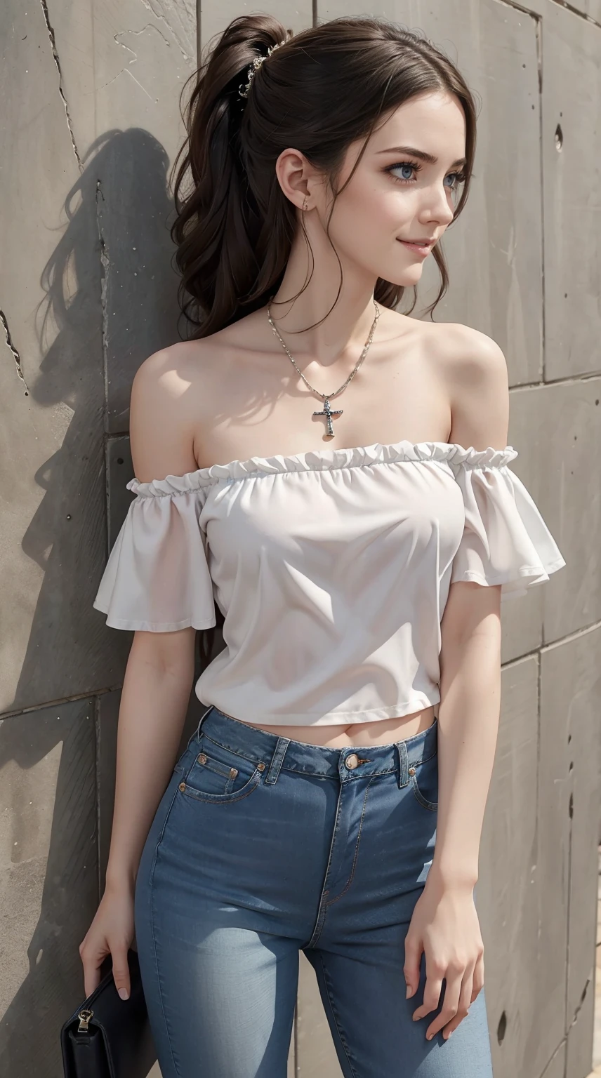 26 year old white woman、Hair is brunette、Eye color is blue、Longhaire、Slender but well-proportioned muscular body、She is wearing a frilly one-shoulder top.、wearing skinny jeans、wearing a rosary necklace、accessories on the wrist、setting hair、a smile、I have a clutch bag、I am in front of a wall with wall art written on it.、I'm so excited、I'm pulling my hair up、