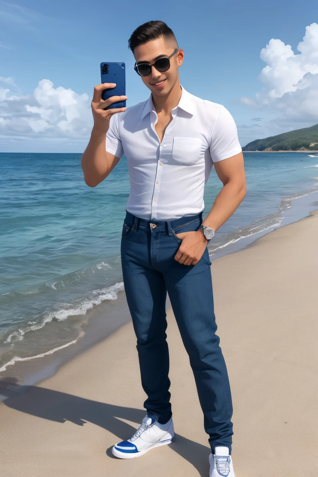 Patrick star with a cool face wearing military Jordan 4s blue with Amari jeans with a plain white shirt, black glasses, he taking a picture by the ocean, the ocean behind him