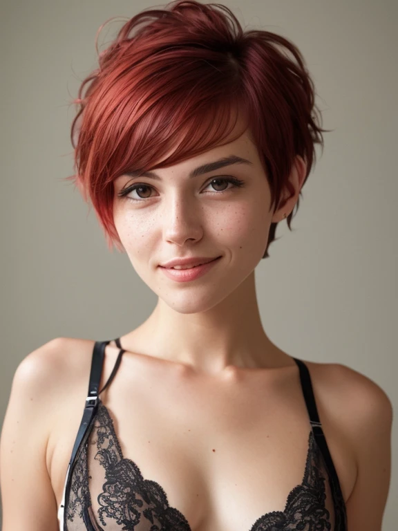 medium closeup photo, attractive stunning mexican 18-years-old red hair (pixie cut) girl, detailed (wrinkles, blemishes!, folds!, moles, viens, pores!!, skin imperfections:1.1), (wearing sexy lingerie set details:1.1), devil_smile, (honey eyes), (tan skin), thick eyelashes,long eyelashes,twin tails, highly detailed glossy eyes, (looking at the camera), specular lighting, dslr, ultra quality, sharp focus, tack sharp, dof, film grain, centered, Fujifilm XT3, crystal clear