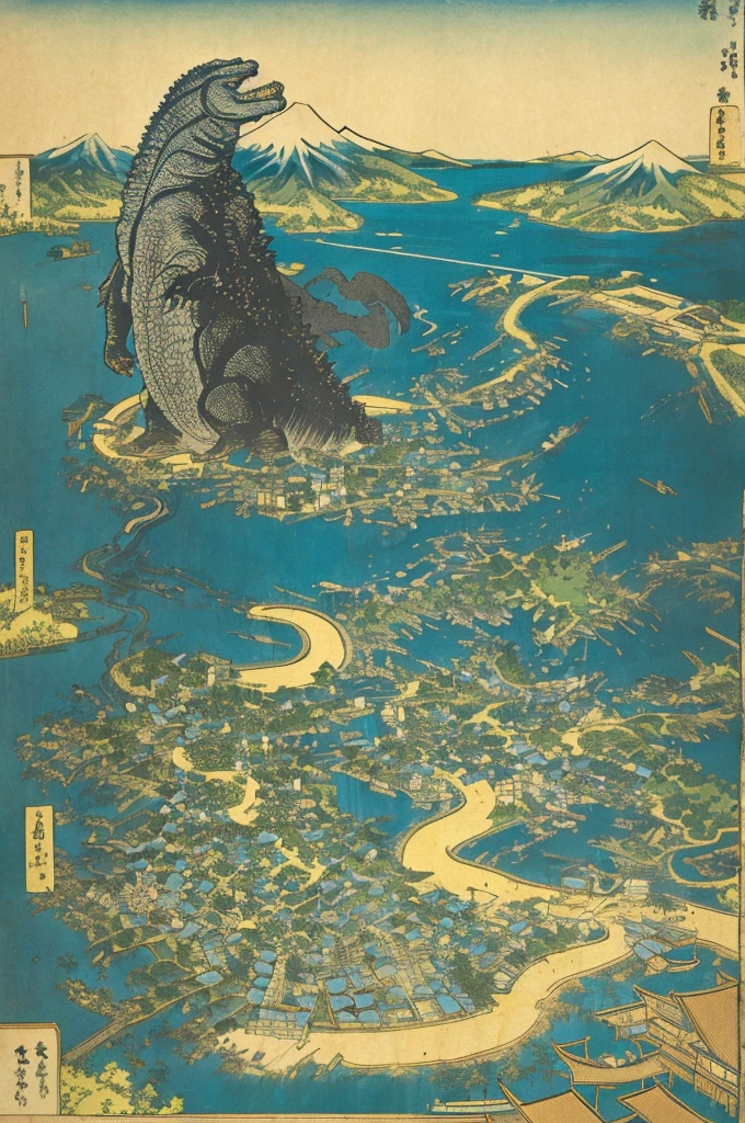 Giant Godzilla、Edo period town、Godzilla's dorsal fin glows blue、Faraway view、Burning Edo town