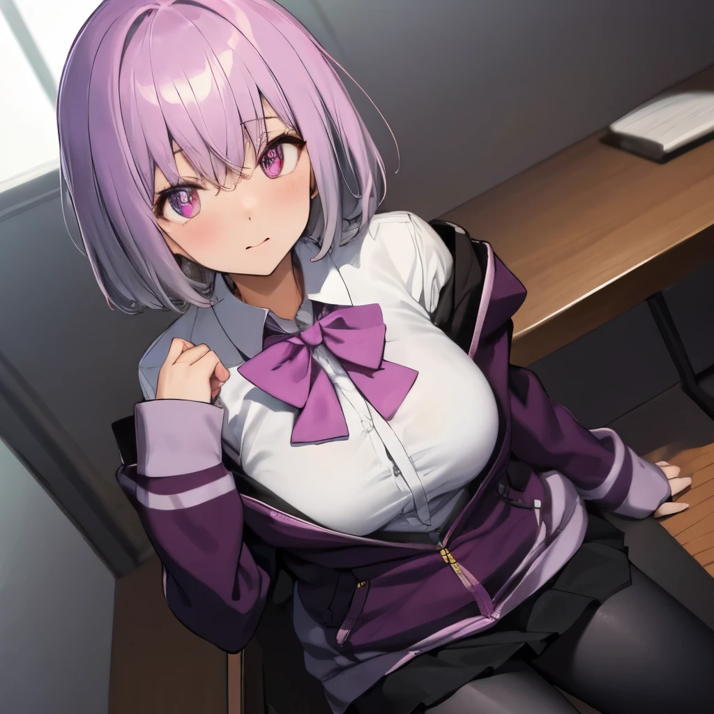 akaneshinjou, shinjou akane, light purple hair, (pink eyes:1.2), short hair,
BREAK black pantyhose, bow, collared shirt, hood, hooded jacket, jacket, open clothes, open jacket, open shirt, pantyhose, purple bow, purple jacket, school uniform, shirt, sleeves past wrists, unbuttoned shirt, white shirt,,
BREAK indoors, city,
BREAK looking at viewer, BREAK (masterpiece:1.2), best quality, high resolution, unity 8k wallpaper, (illustration:0.8), (beautiful detailed eyes:1.6), extremely detailed face, perfect lighting, extremely detailed CG, (perfect hands, perfect anatomy),