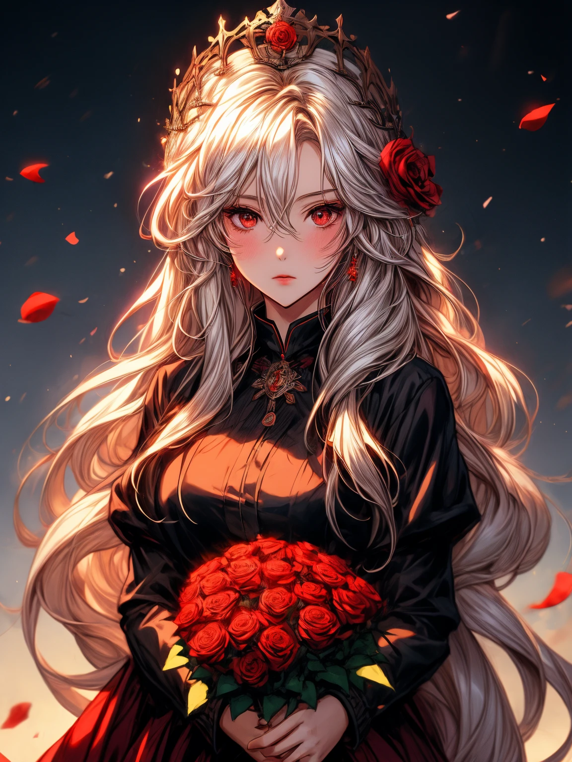 anime girl with long white hair and red roses in her hair, crown of roses, guweiz, roses in her hair, artwork in the style of guweiz, digital art on pixiv, guweiz on pixiv artstation, anime illustration, beautiful anime portrait, digital anime illustration, guweiz on artstation pixiv, beautiful anime art